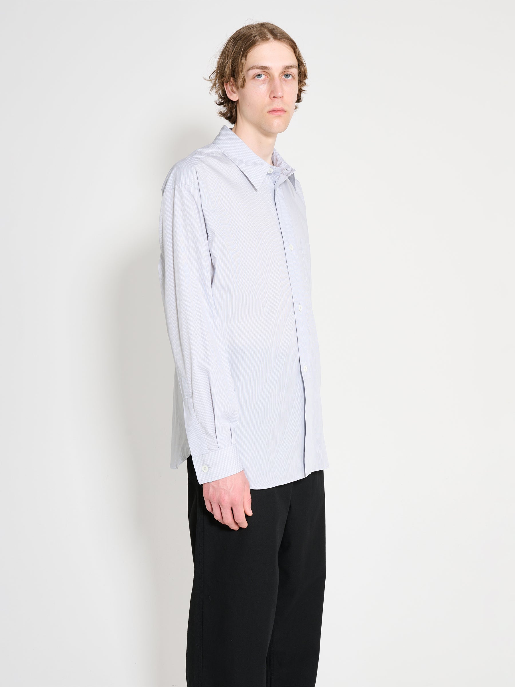 Margaret Howell Half Placket Shirt Fine Stripe Cotton Poplin Grey / White