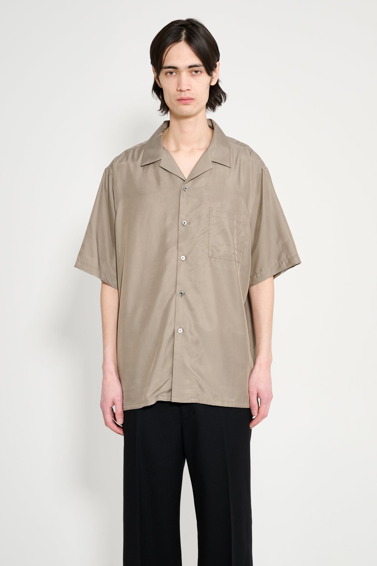 ssstein Cupro Twill Oversized Open Collar SS Shirt Taupe