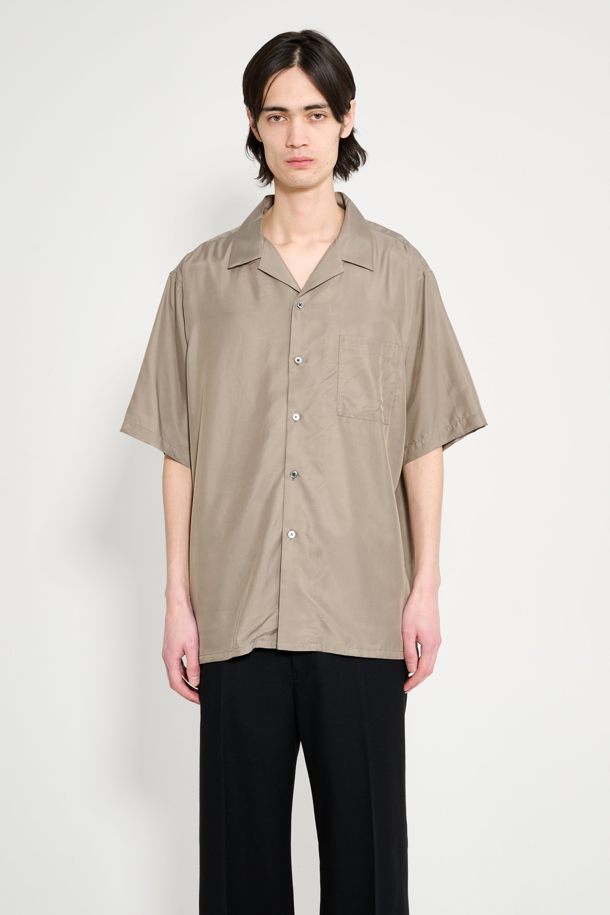 ssstein Cupro Twill Oversized Open Collar SS Shirt Taupe