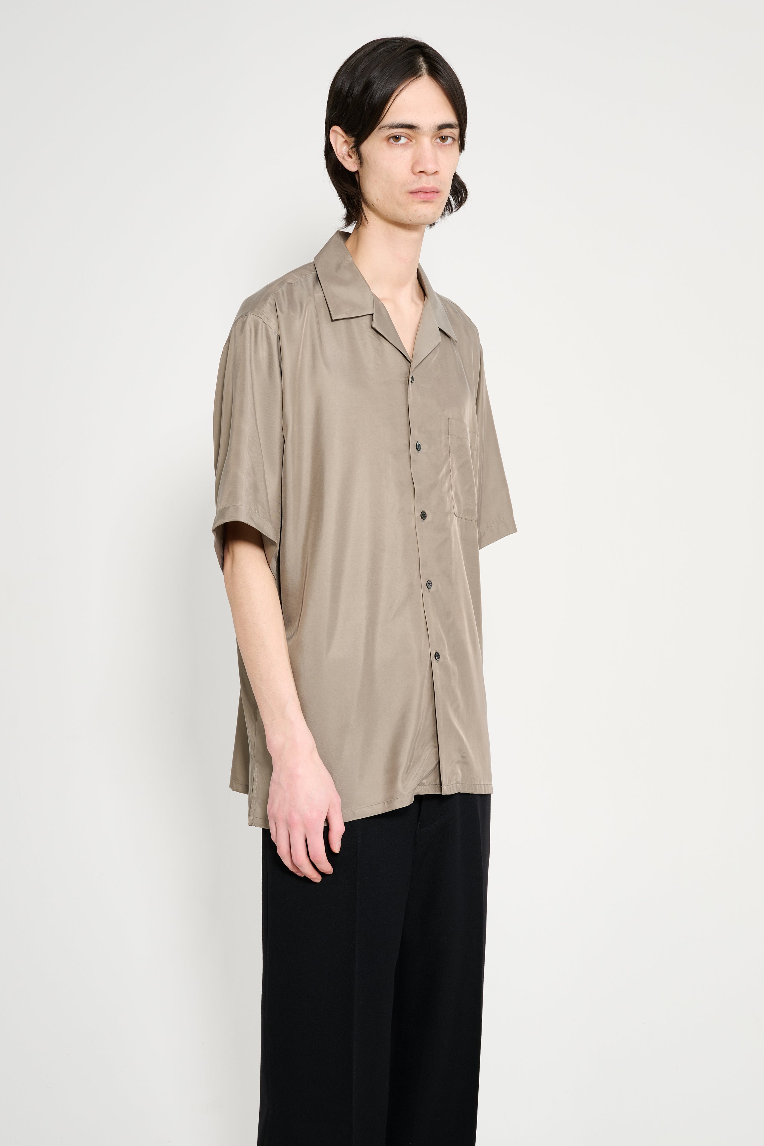 ssstein Cupro Twill Oversized Open Collar SS Shirt Taupe