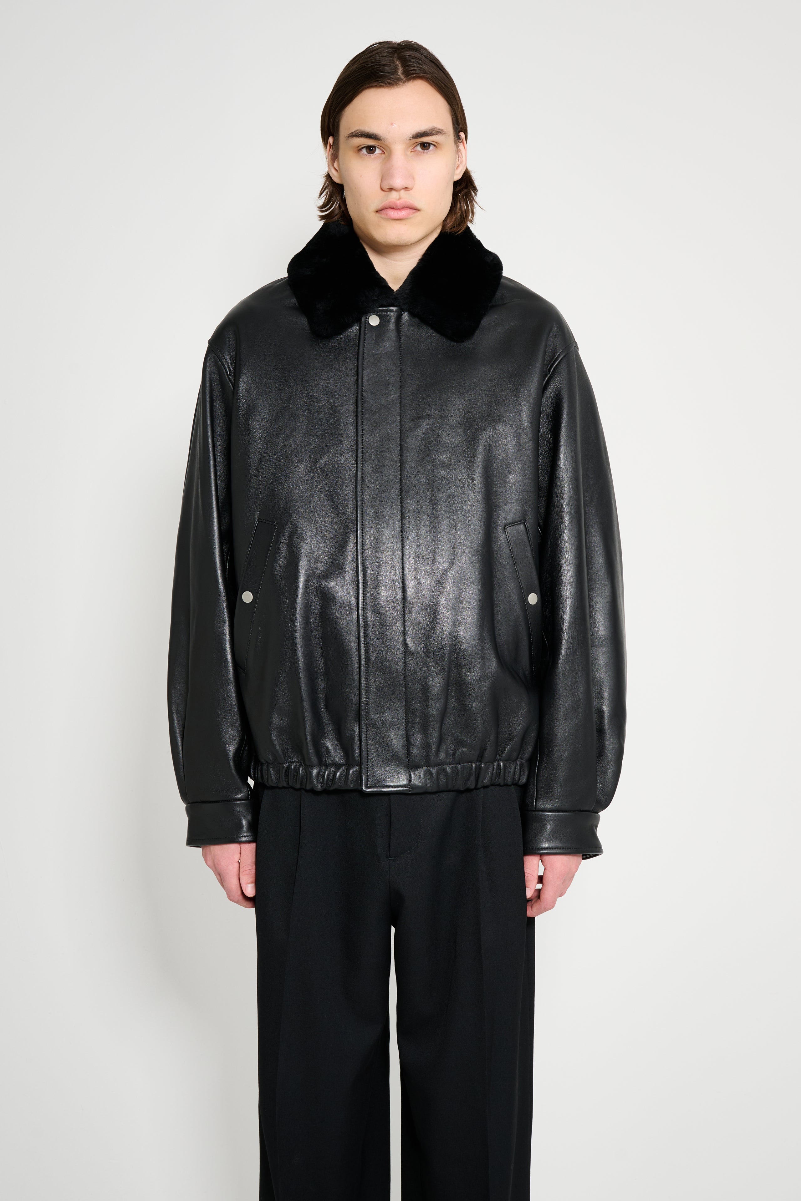 ssstein Mouton Collar Sheep Leather Zip Jacket Black