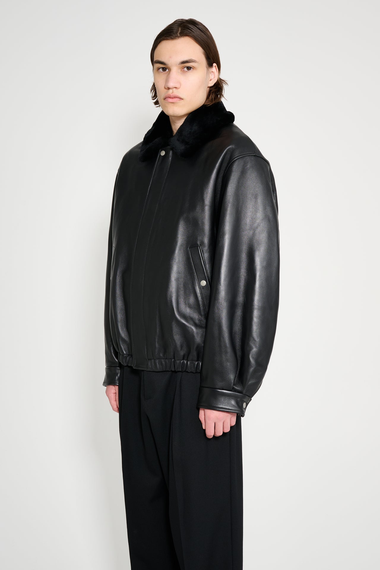 ssstein Mouton Collar Sheep Leather Zip Jacket Black