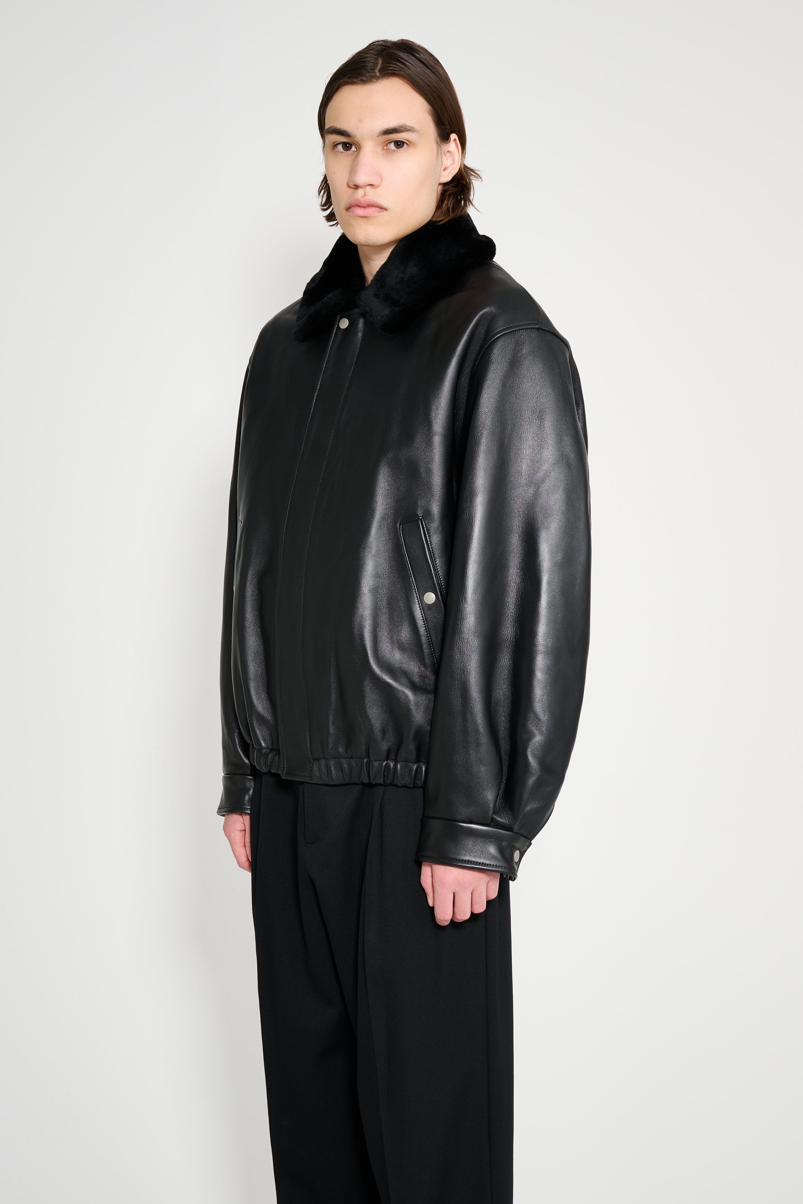 ssstein Mouton Collar Sheep Leather Zip Jacket Black