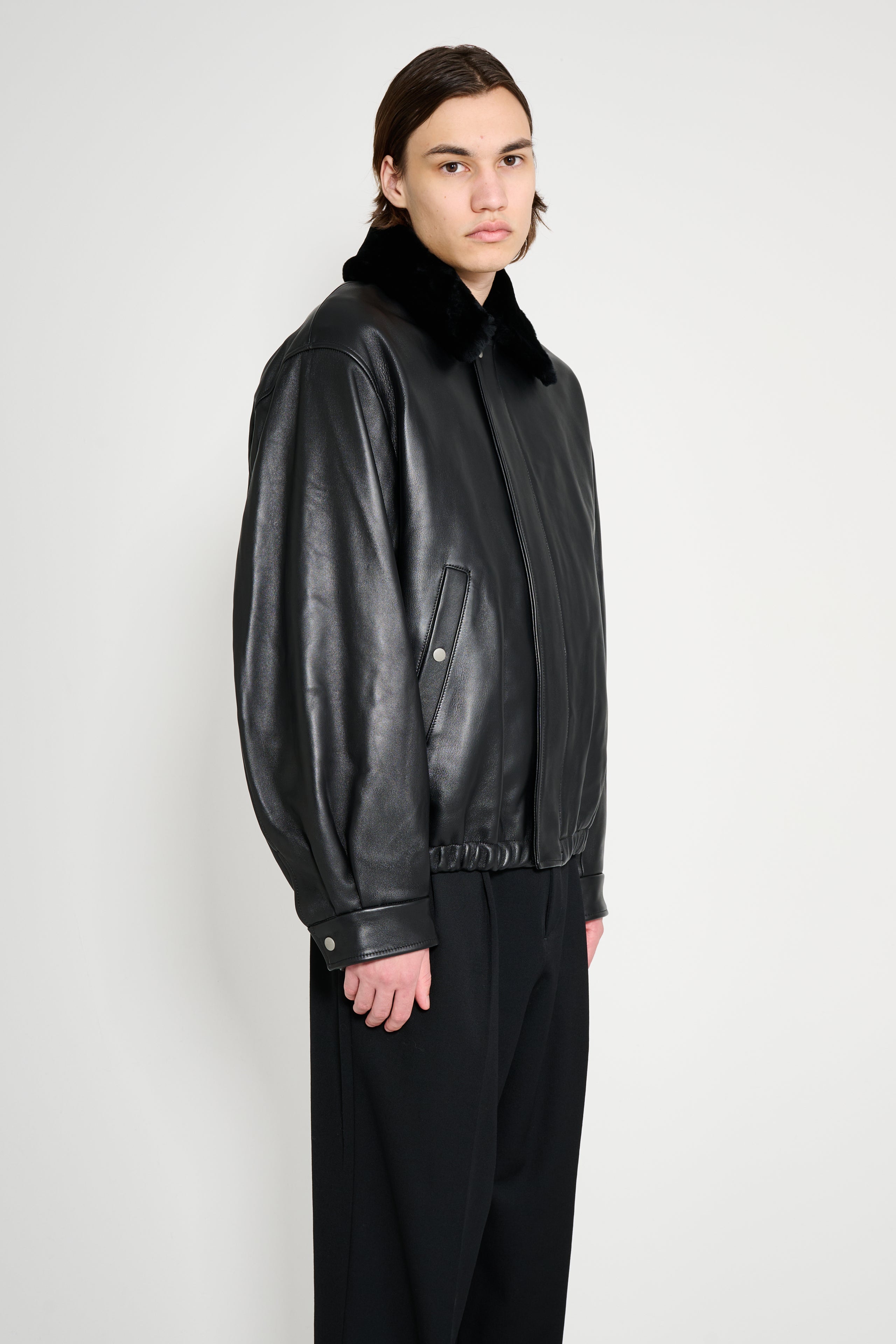 ssstein Mouton Collar Sheep Leather Zip Jacket Black