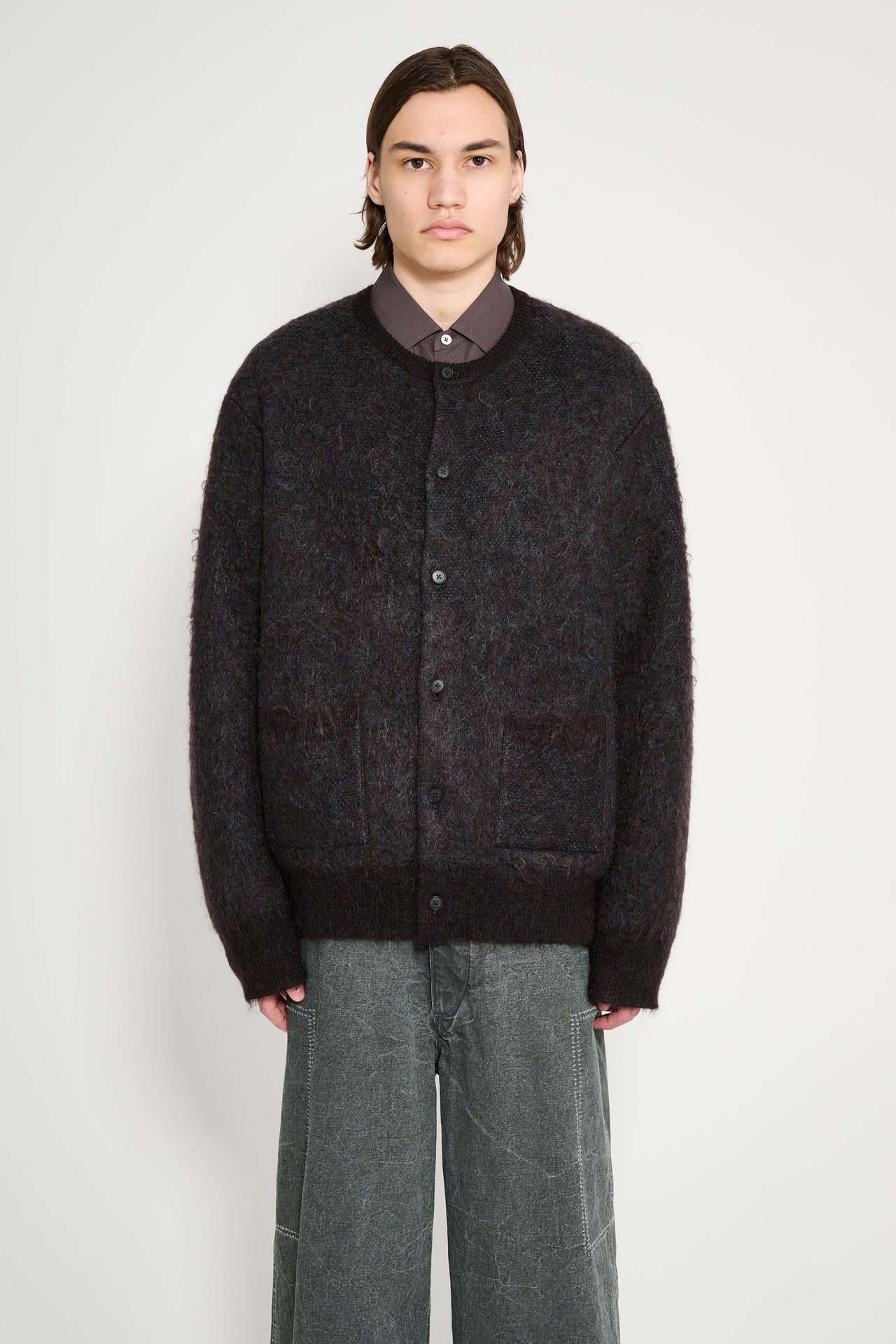 ssstein Kid Mohair Mix Jacquard Knit Cardigan Brown Mix