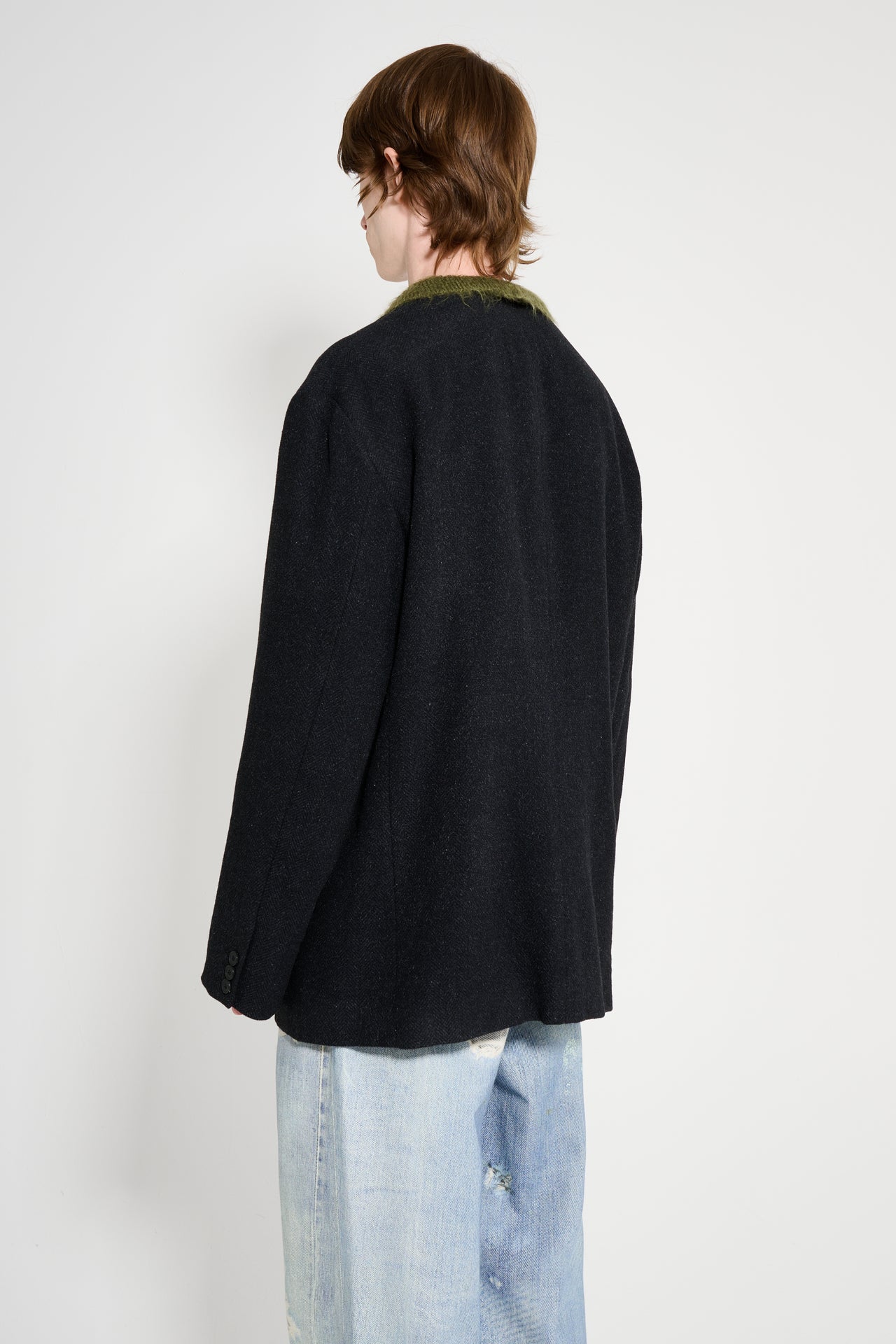 A.PRESSE Silk Cashmere Tweed Collarless Jacket Charcoal
