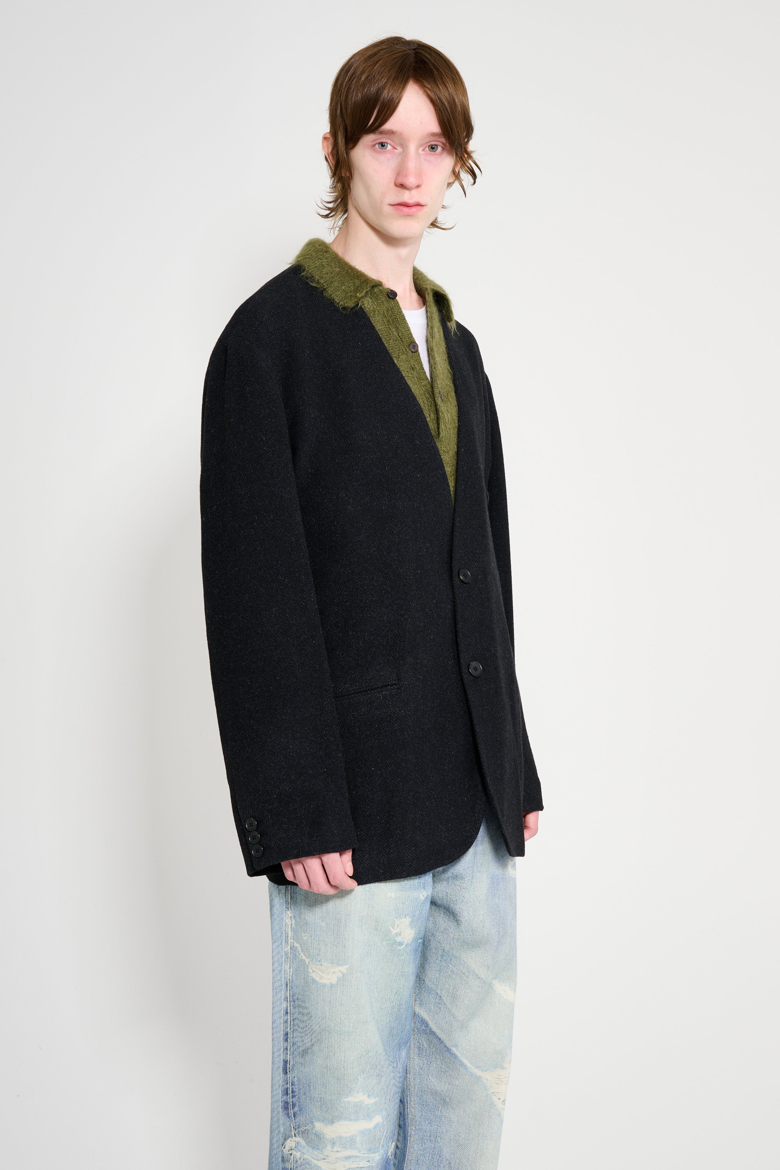 A.PRESSE Silk Cashmere Tweed Collarless Jacket Charcoal