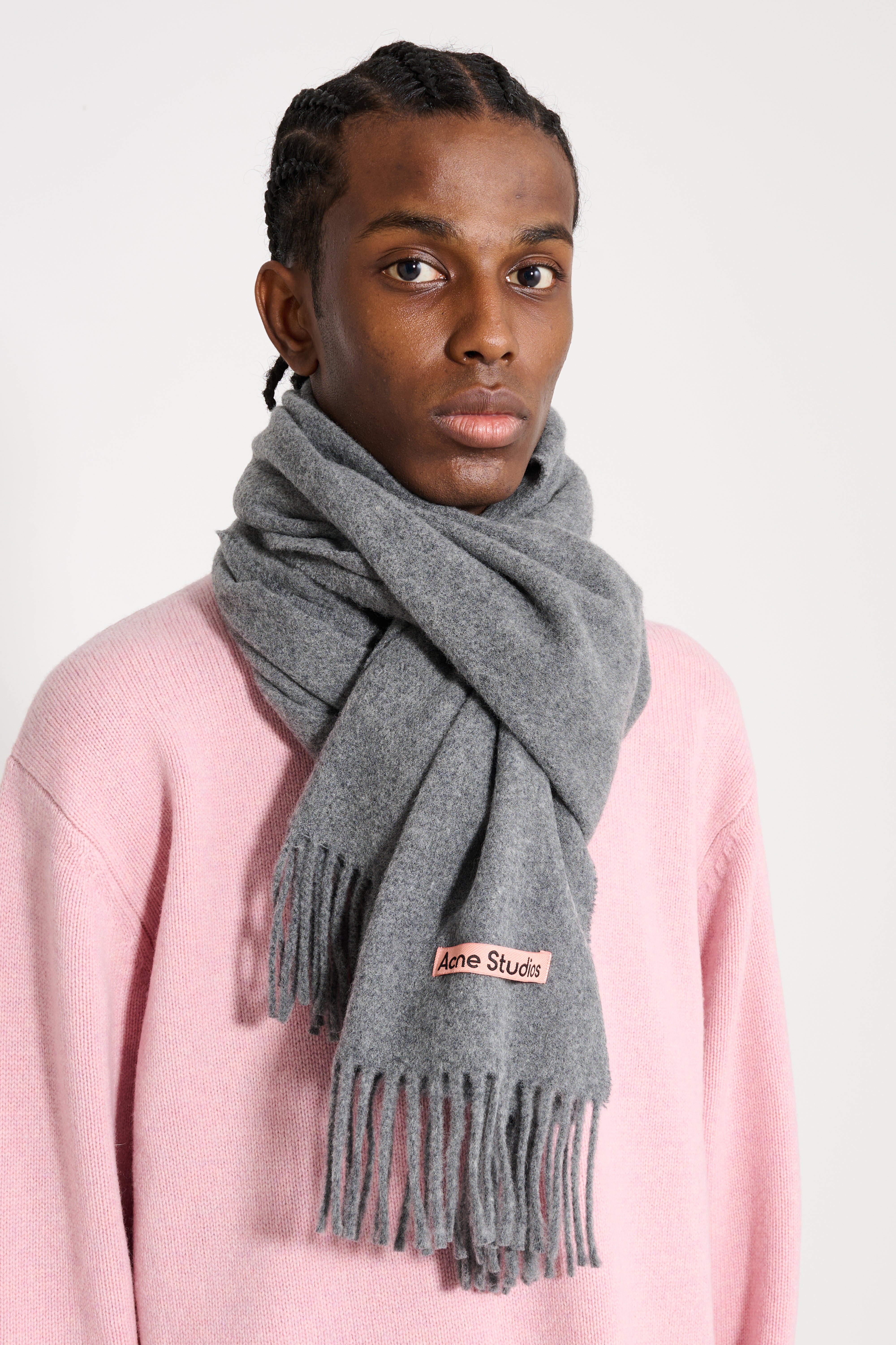 Acne Studios Fringe Wool Scarf Narrow Grey Melange