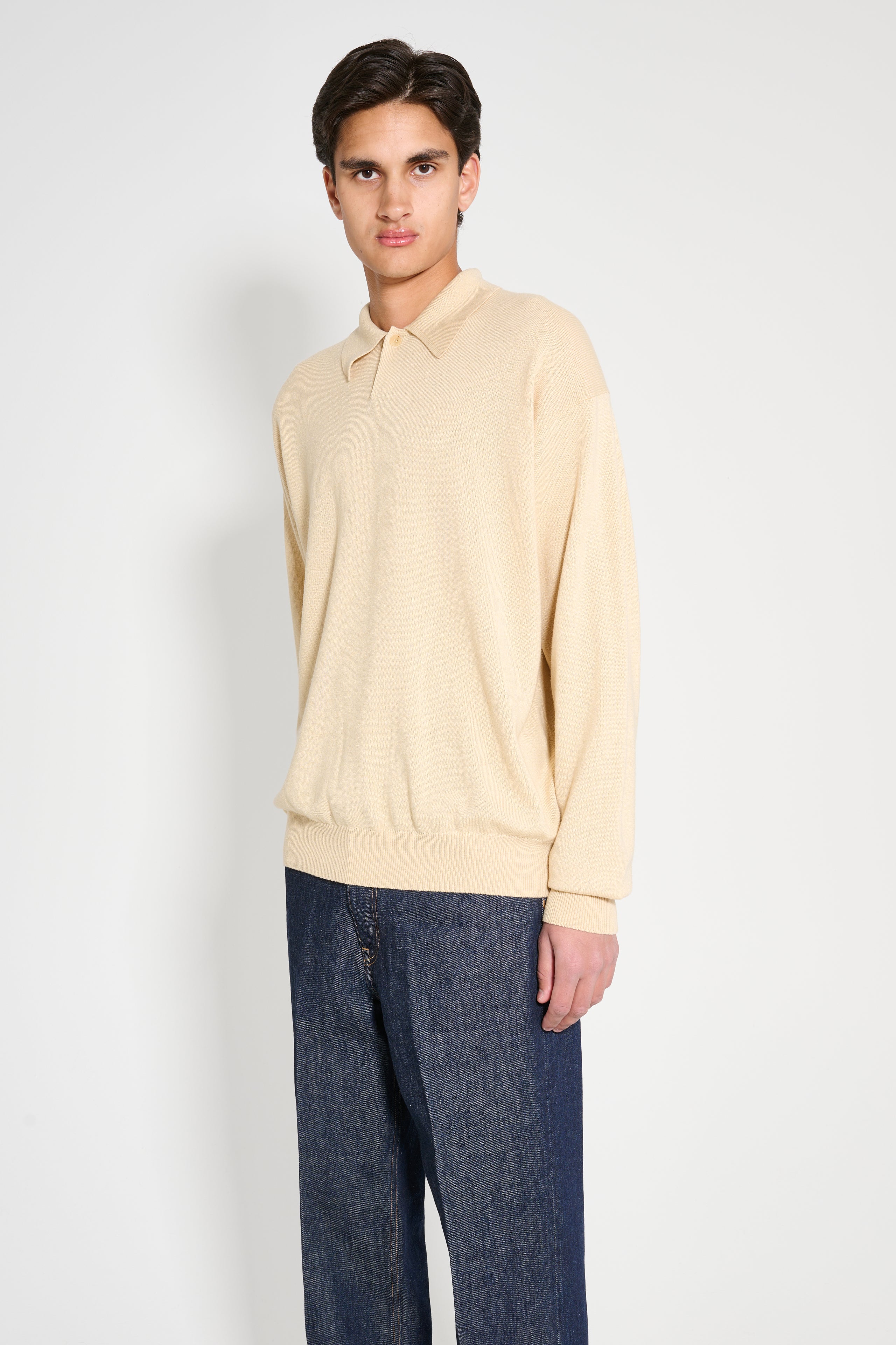 Auralee Cashmere Silk Wool Knit Polo Light Beige