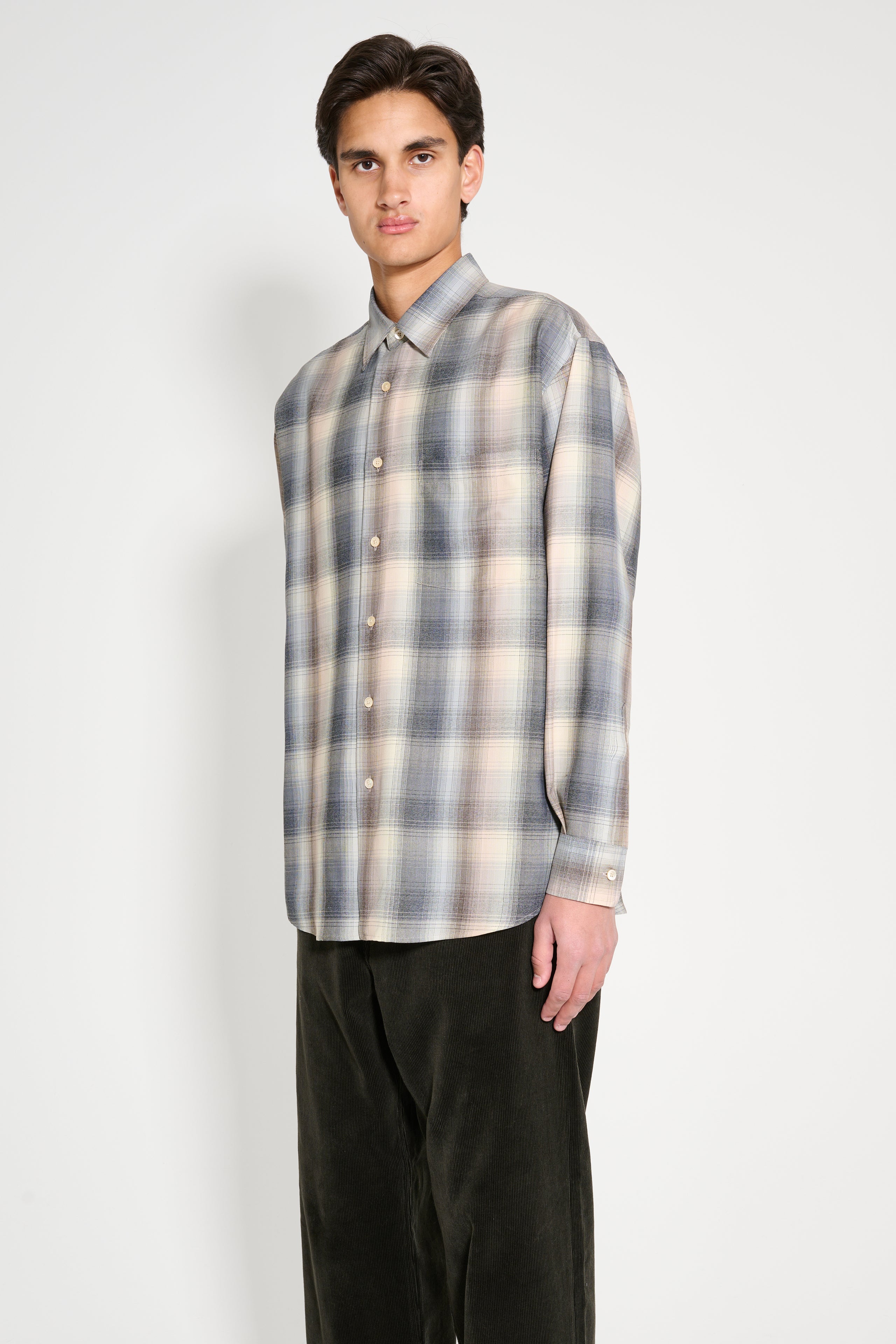 Auralee Superlight Wool Check Shirt Beige Blue