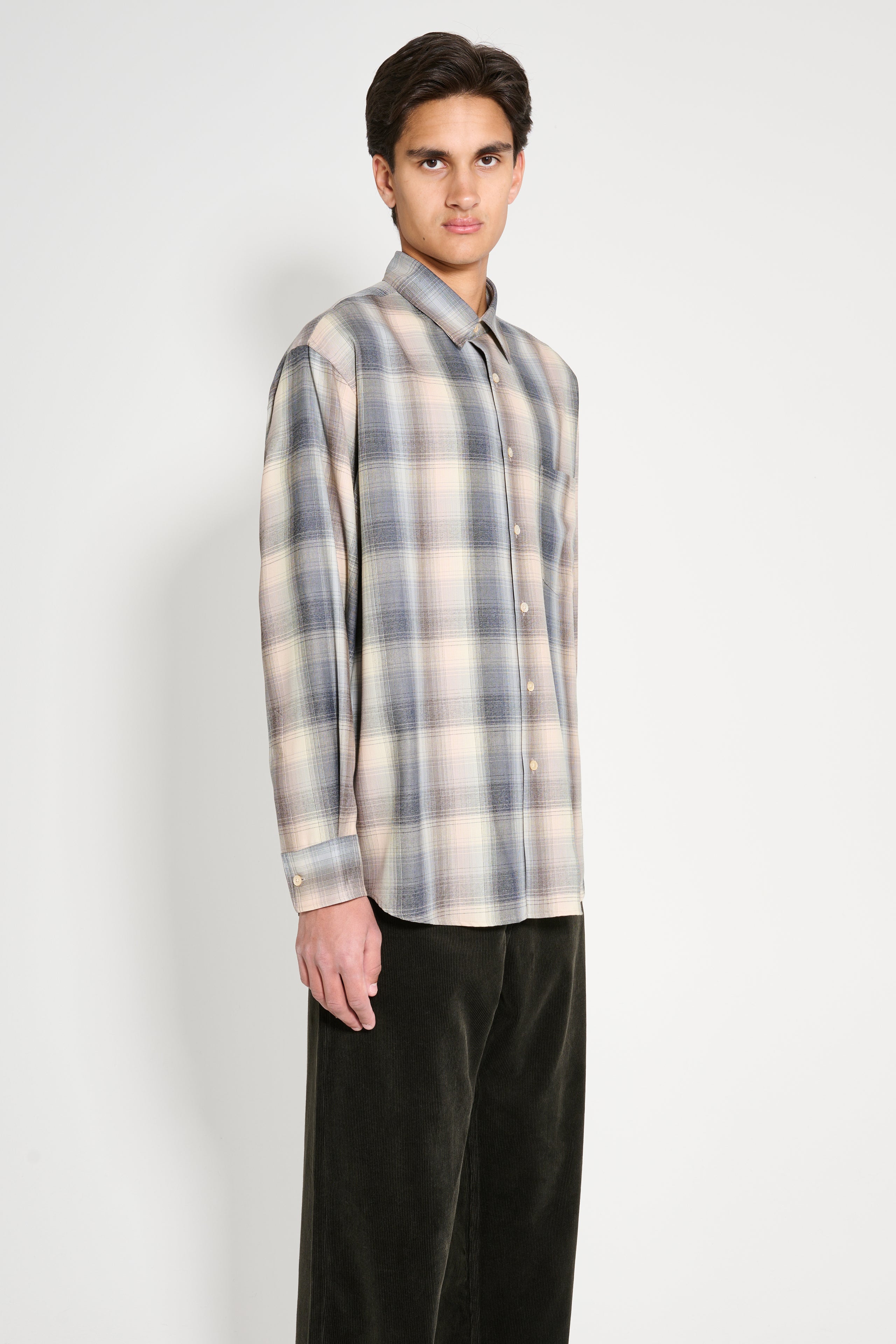 Auralee Superlight Wool Check Shirt Beige Blue