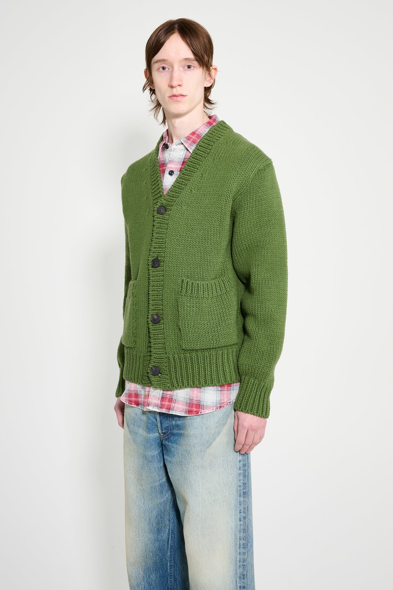 Auralee Wool Cashmere Felted Knit Cardigan Olive