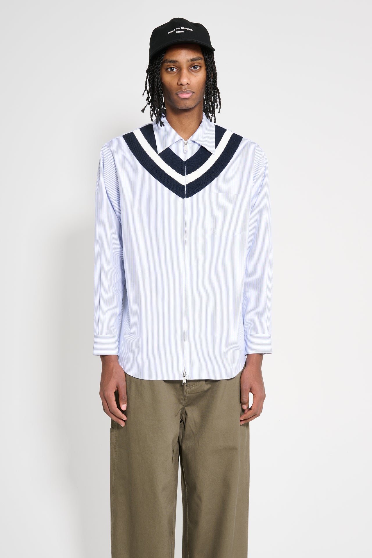 Comme des Garçons Homme Cotton Stripe Zip Shirt White / Navy