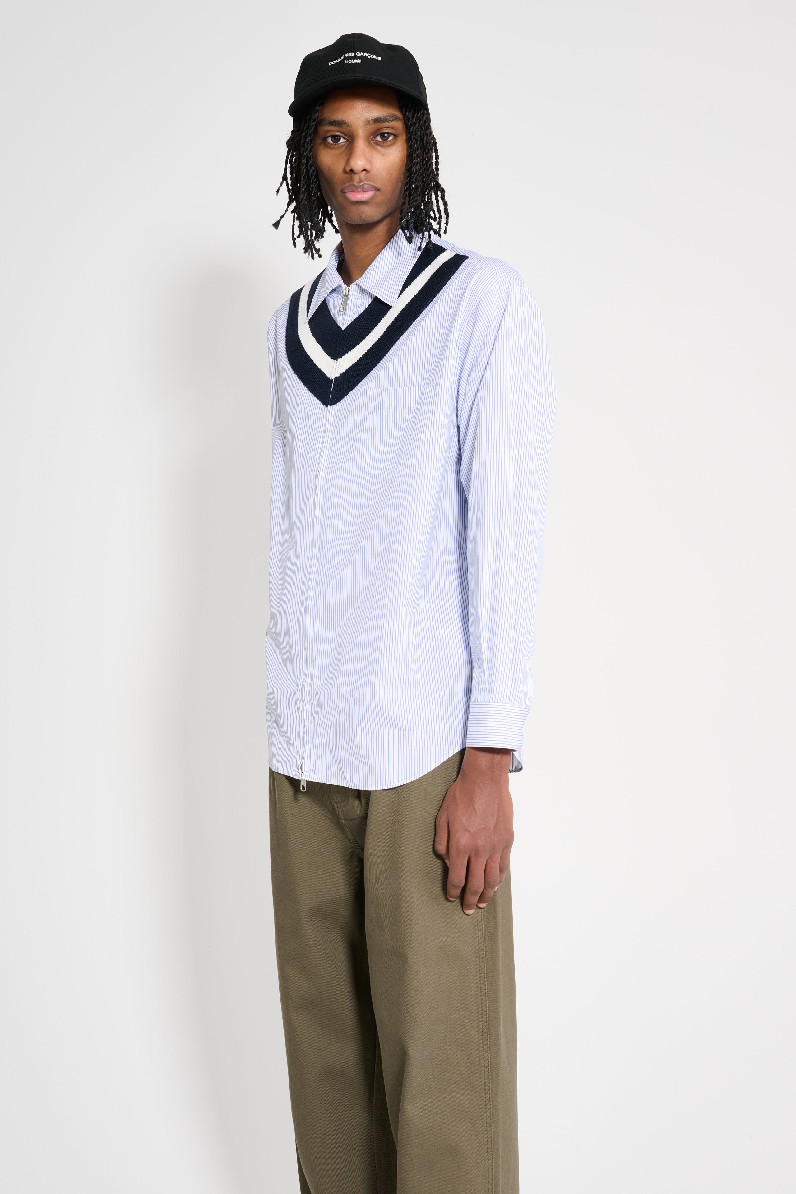 Comme des Garçons Homme Cotton Stripe Zip Shirt White / Navy