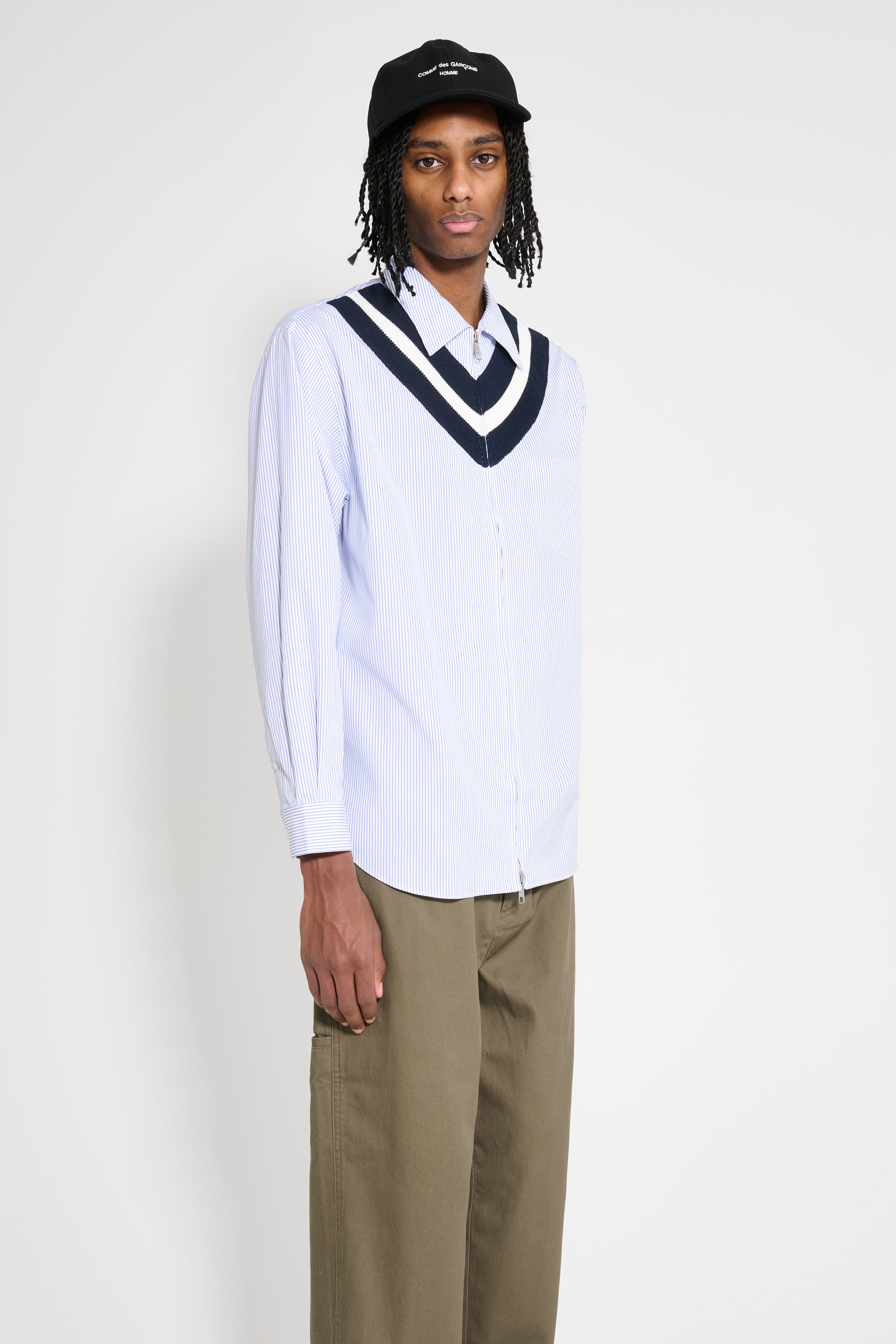 Comme des Garçons Homme Cotton Stripe Zip Shirt White / Navy