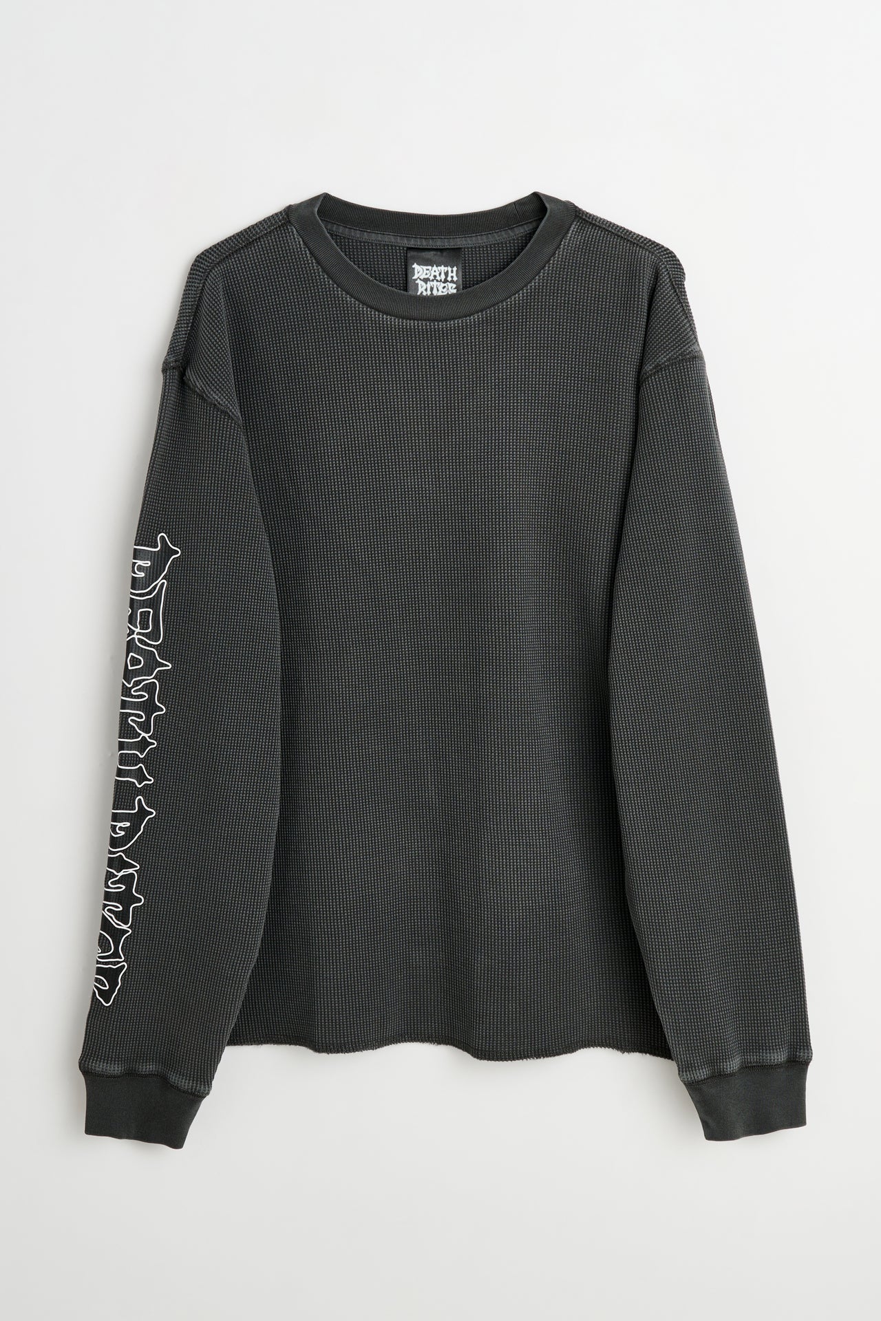 Death Rites Script Sleeve Waffle Knit Crewneck Top Black Garment Dye