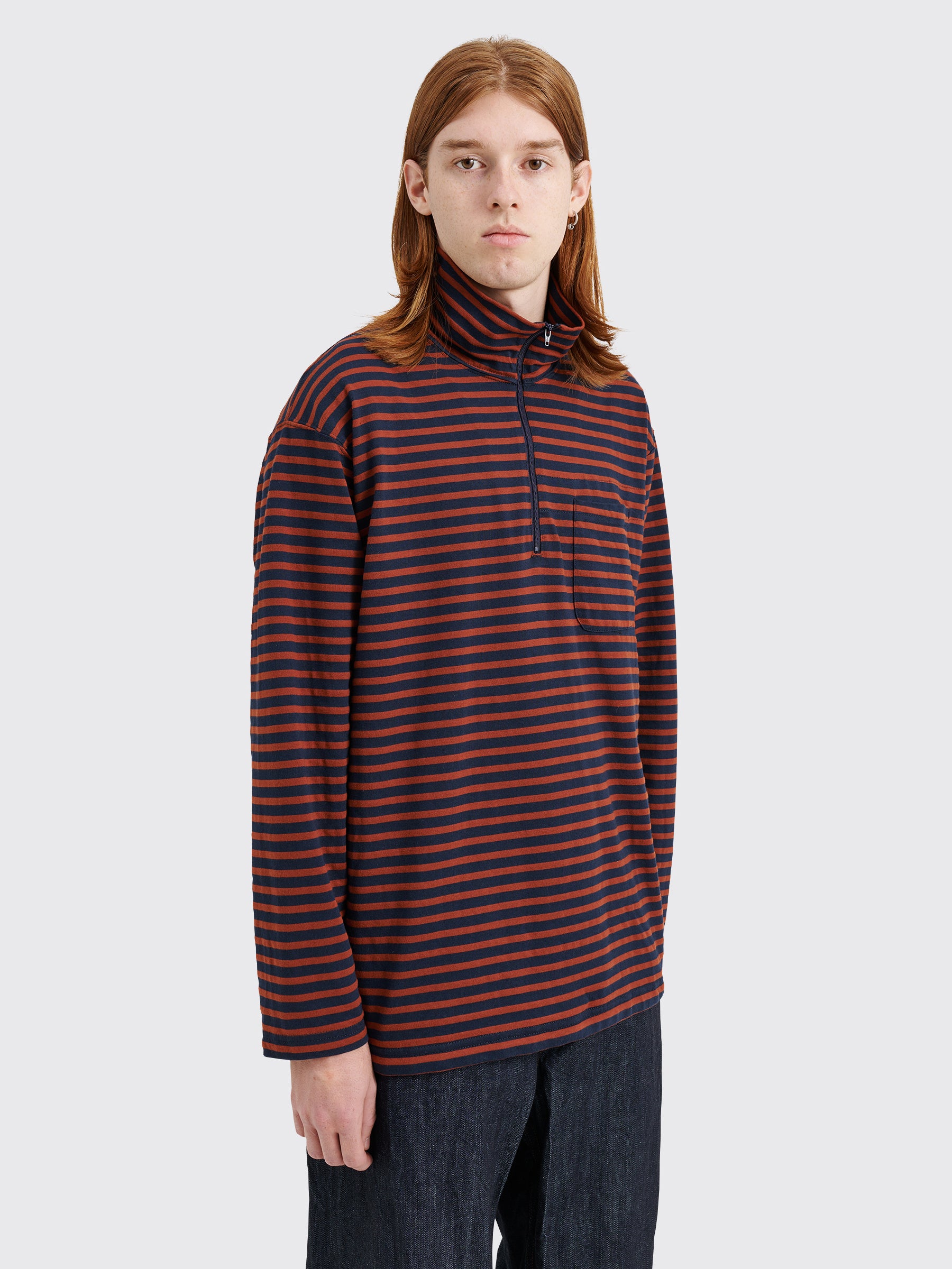 Engineered Garments Zip Mock Neck Sweater Stripe Brown / Navy