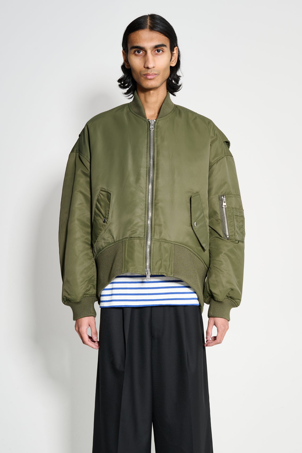 JW Anderson Oversized Curved Hem Bomber Jacket Olive