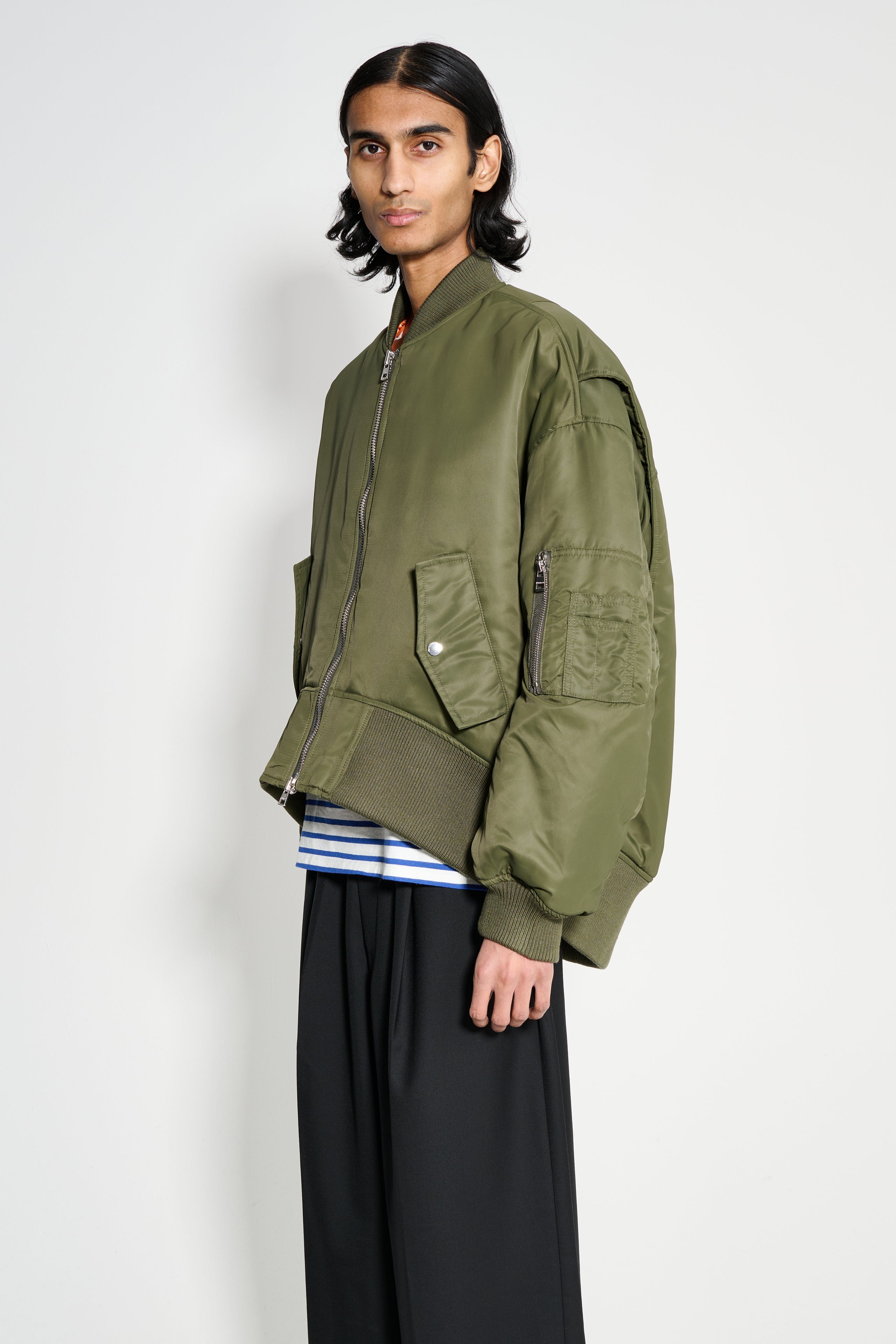 JW Anderson Oversized Curved Hem Bomber Jacket Olive