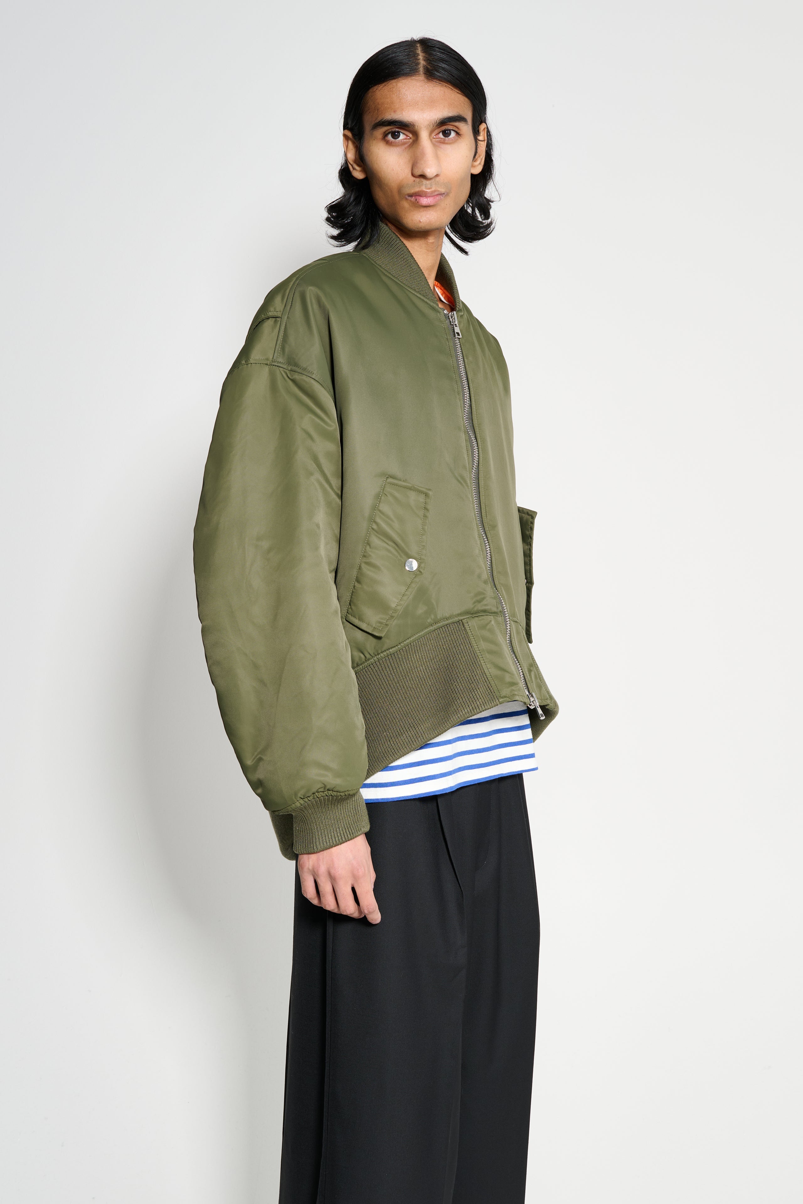 JW Anderson Oversized Curved Hem Bomber Jacket Olive