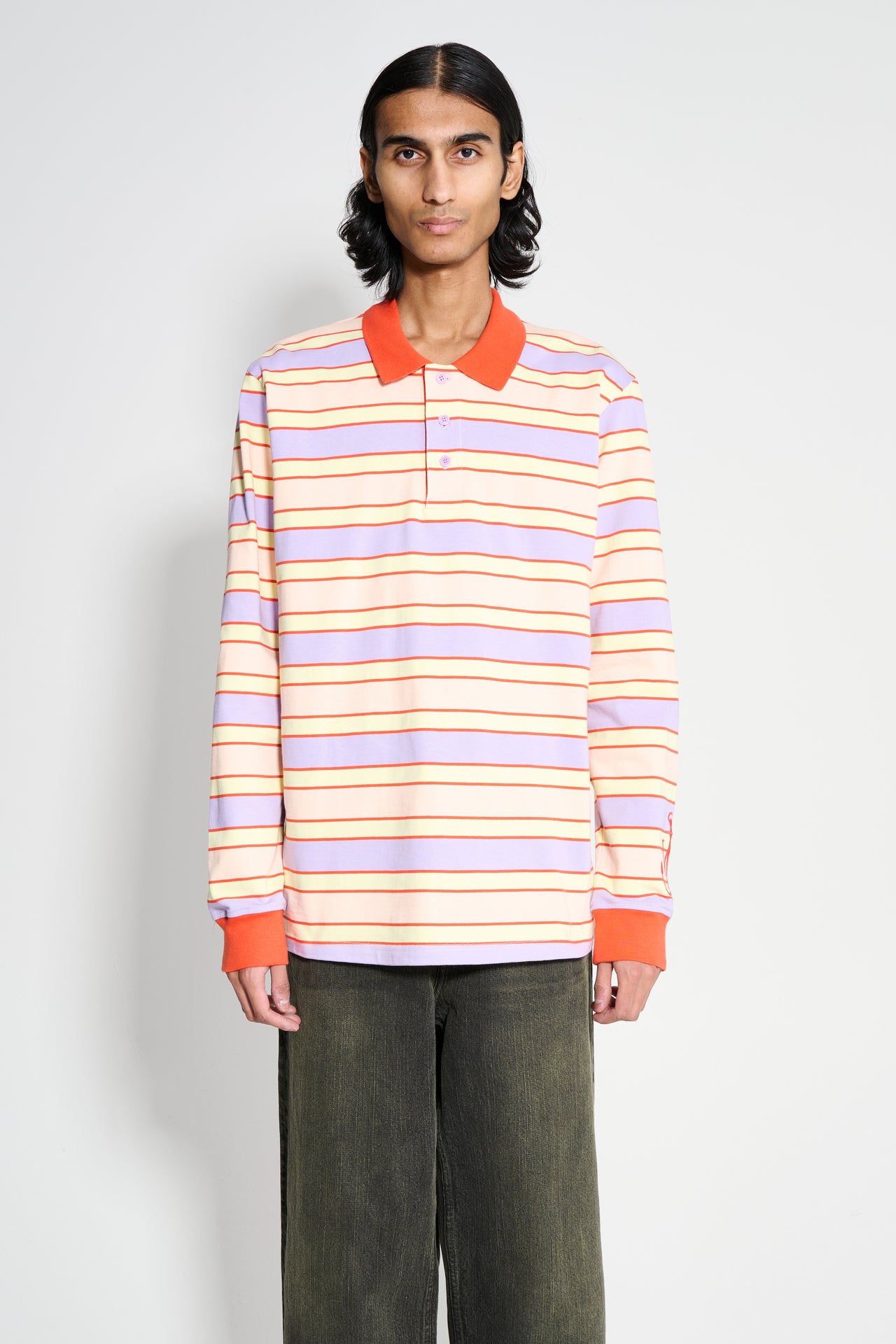 JW Anderson Striped Contrast Trim LS Polo Top Pink / Multi