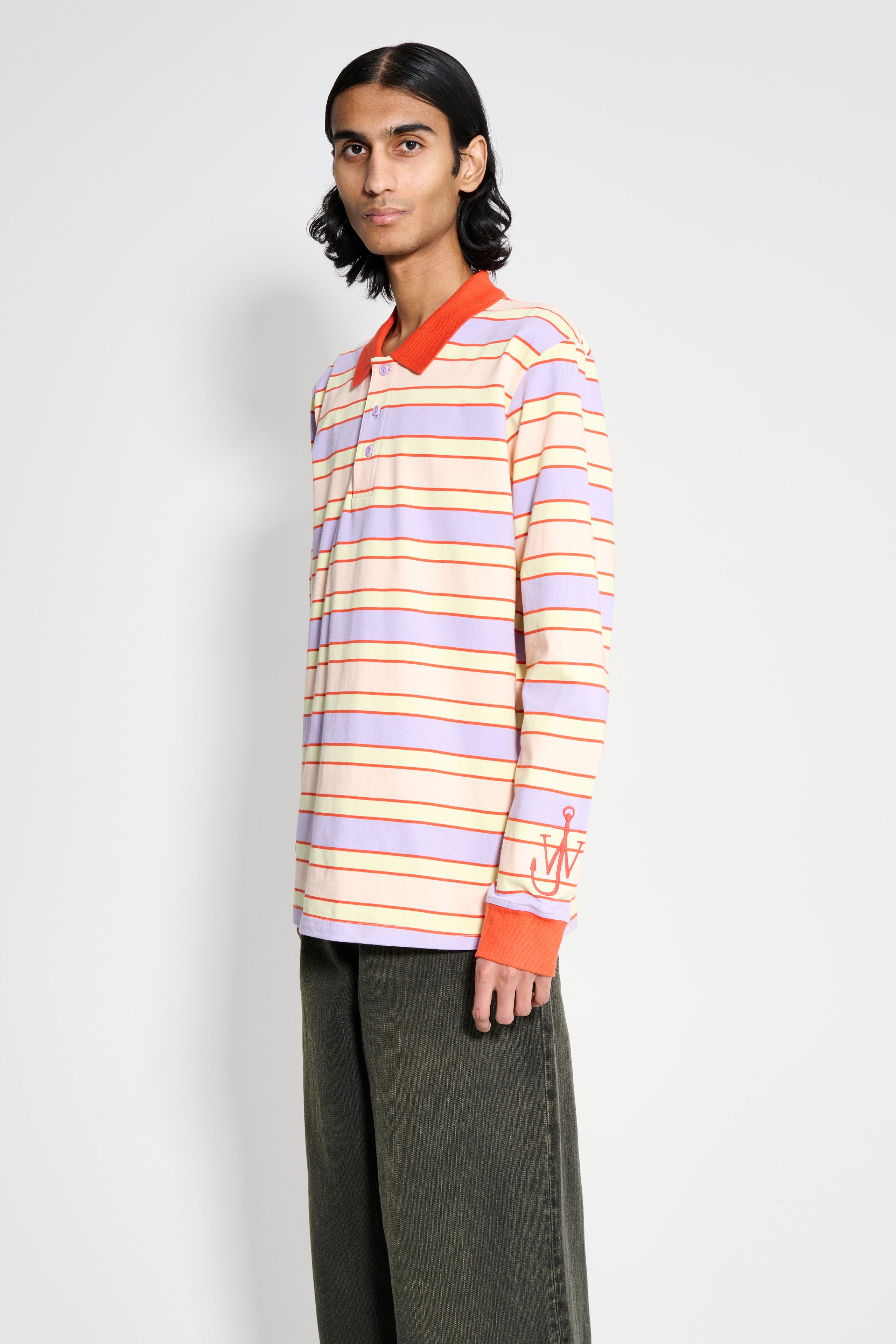 JW Anderson Striped Contrast Trim LS Polo Top Pink / Multi