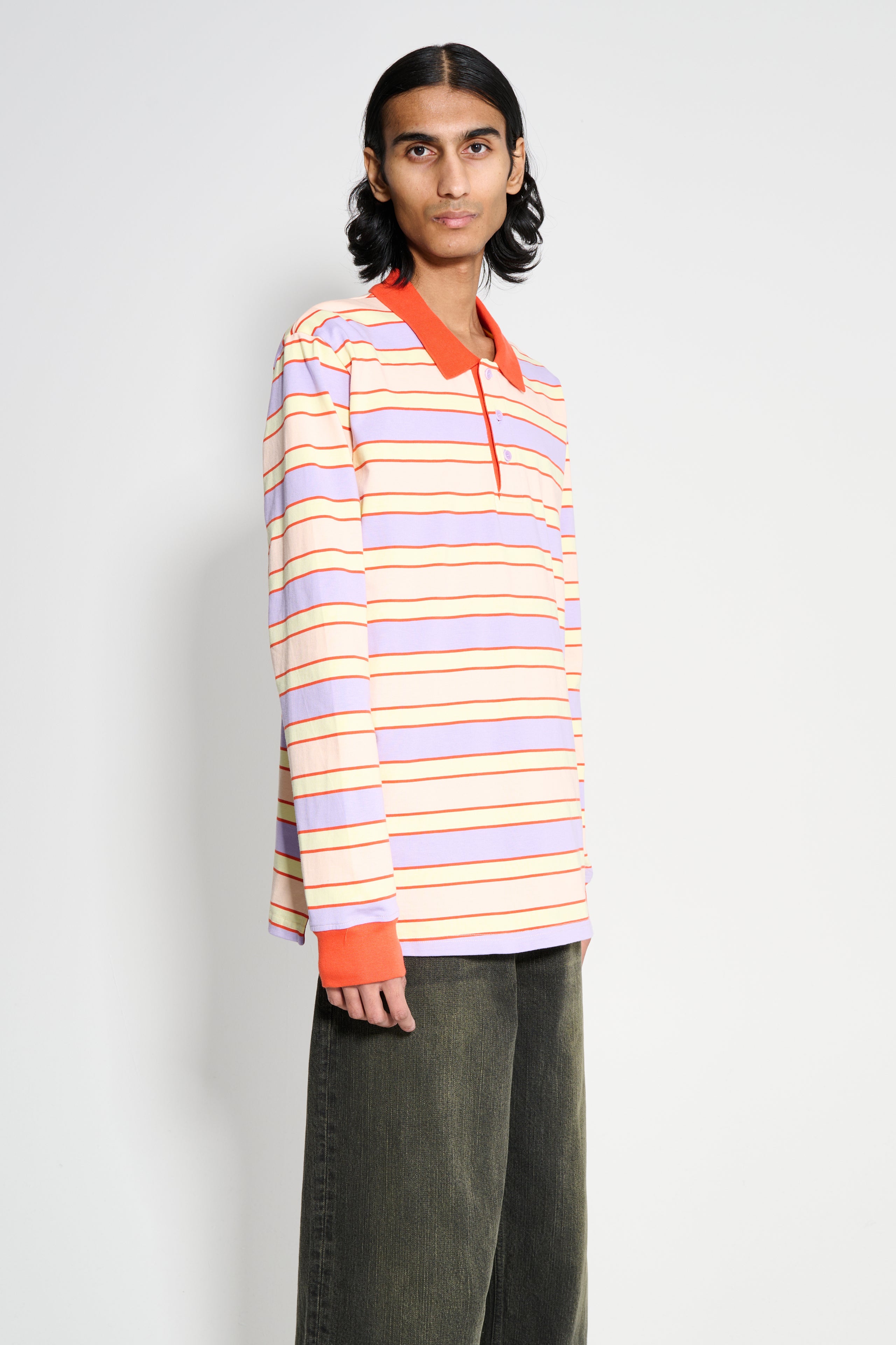 JW Anderson Striped Contrast Trim LS Polo Top Pink / Multi