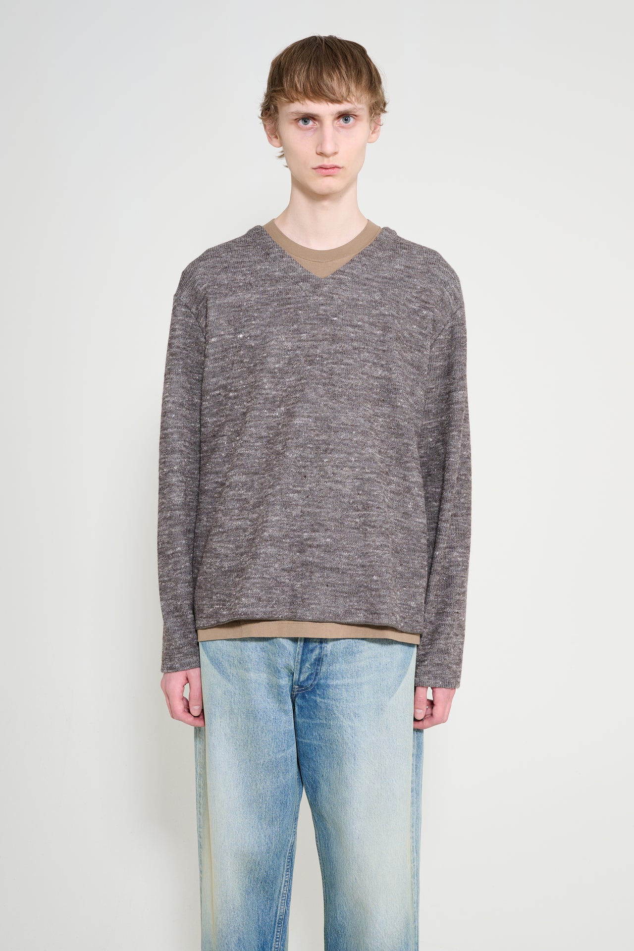 Lady White Co. Linen Wool V Neck Brown Melange