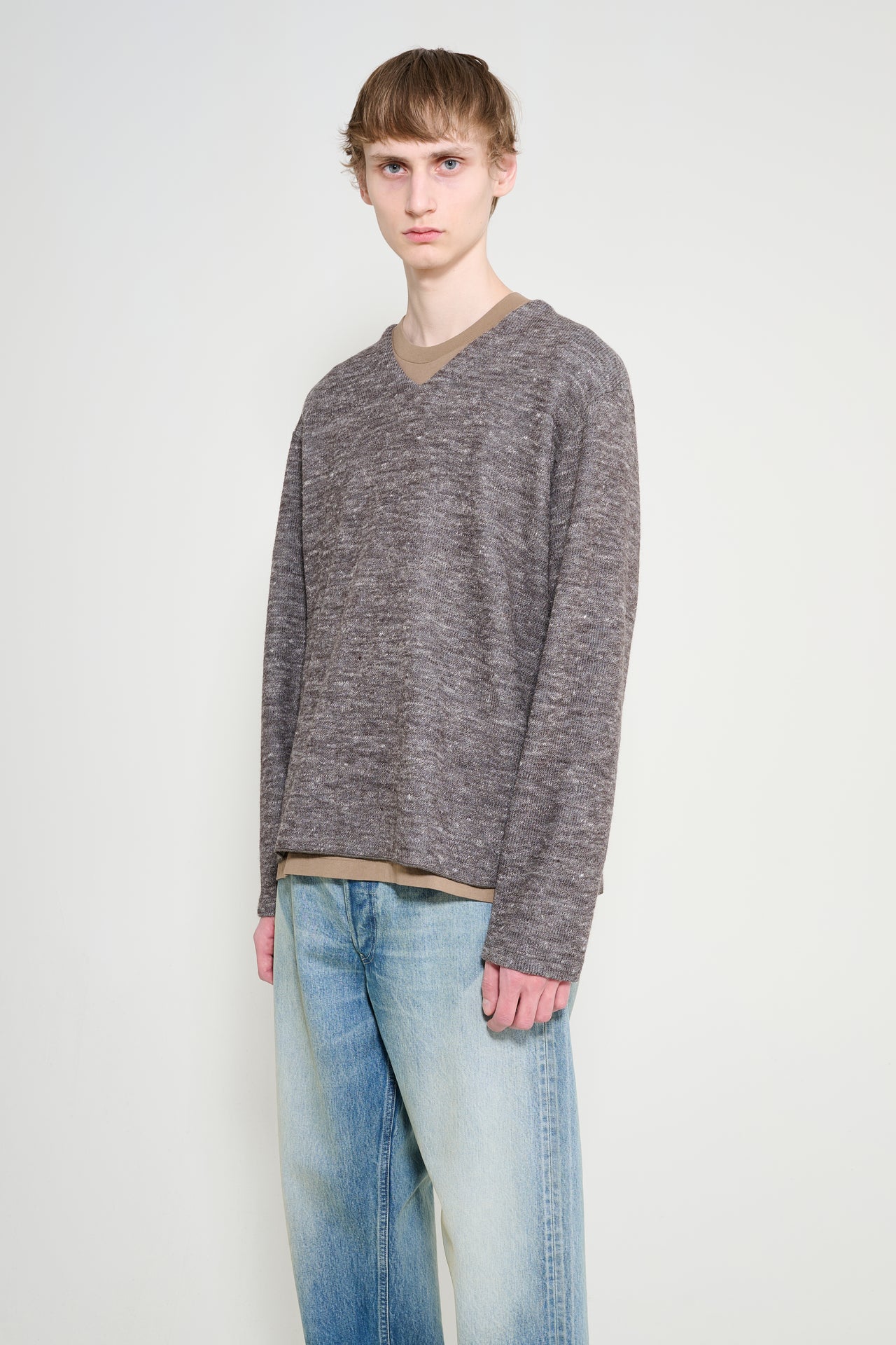 Lady White Co. Linen Wool V Neck Brown Melange