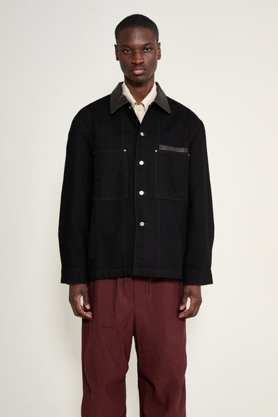 Lemaire Workwear Overshirt Jacket With Leather Collar Black – Très