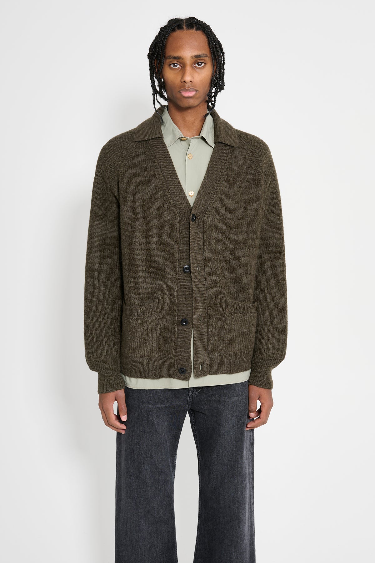 Margaret Howell MHL Collared Cardigan Virgin Wool Dark Olive 