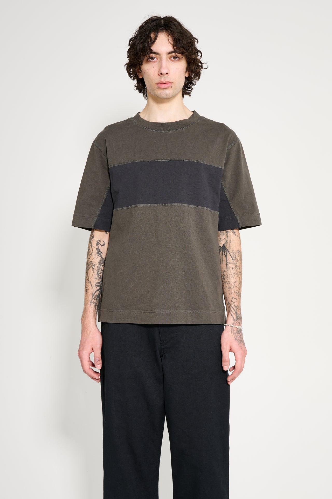 Margaret Howell MHL Panel T-Shirt Light Cotton Jersey Assam / Black