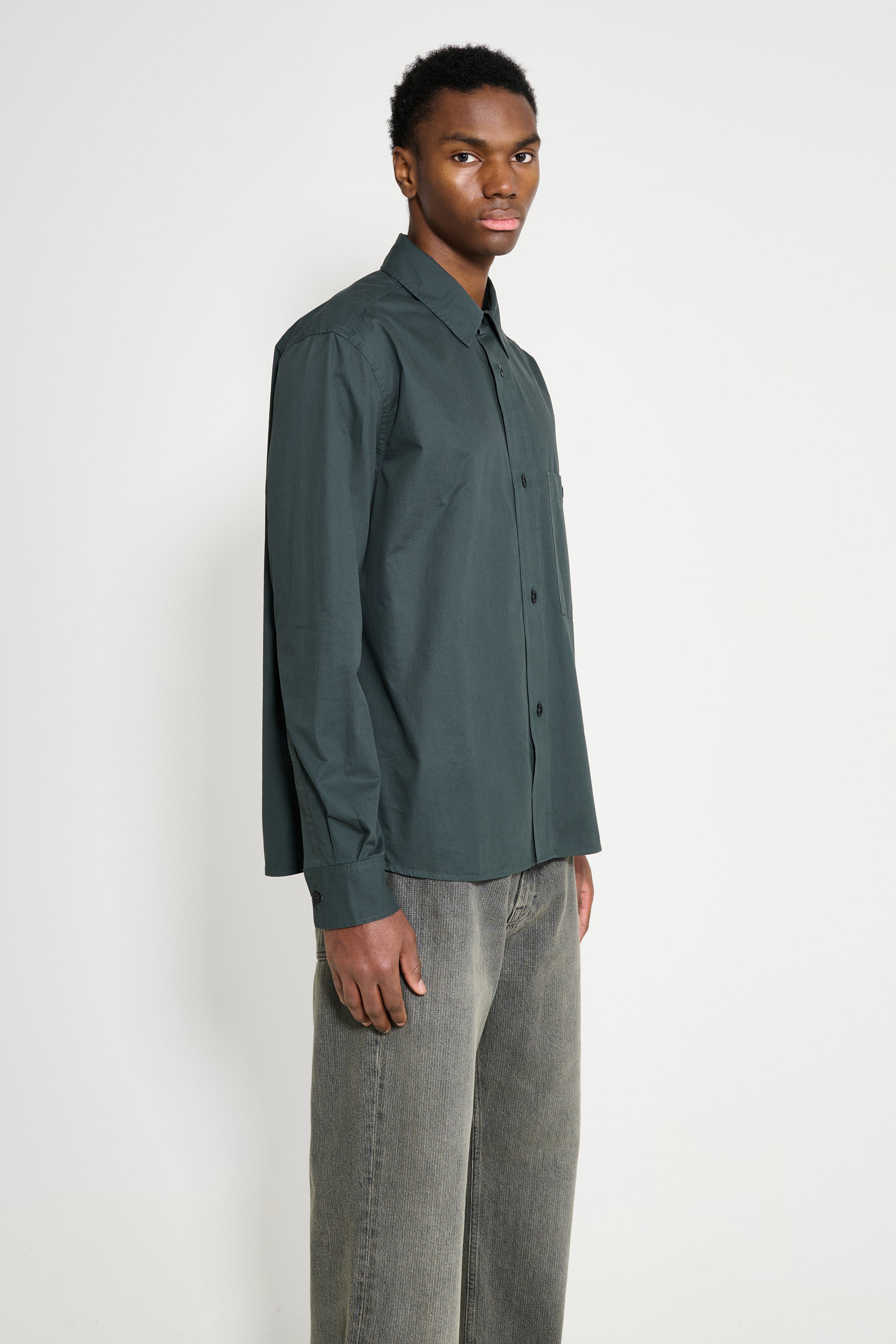 Margaret Howell MHL Overall Shirt Lightweight Brushed Cotton Algae