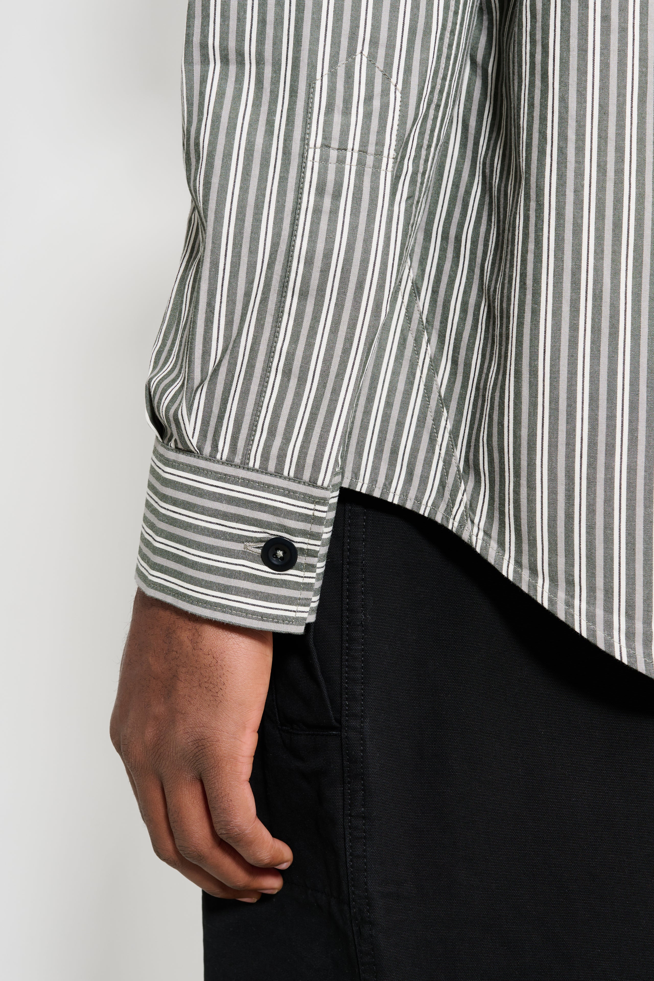 Margaret Howell MHL Basic Shirt Two Tone Cotton Stripe Forest / Grey