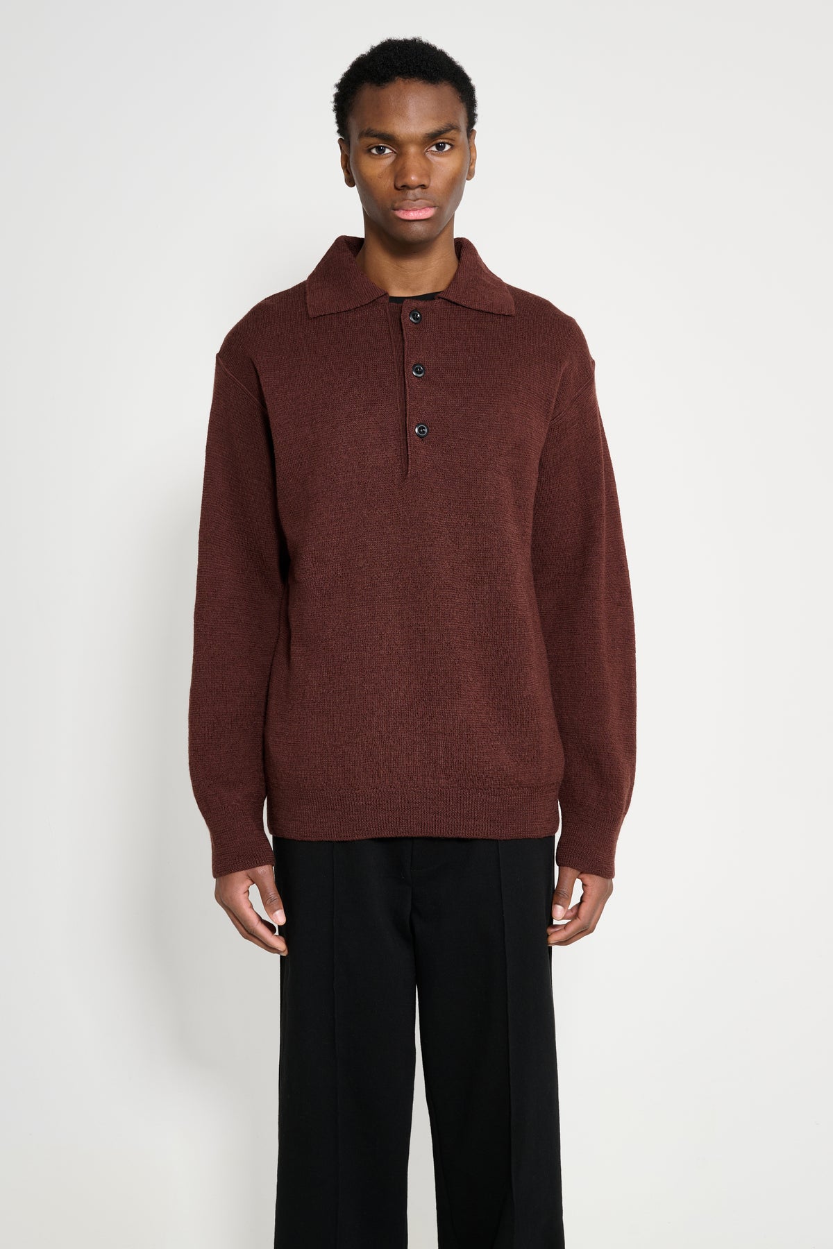 Margaret Howell MHL Oversized Knitted Polo Dry Wool Dark Brown 