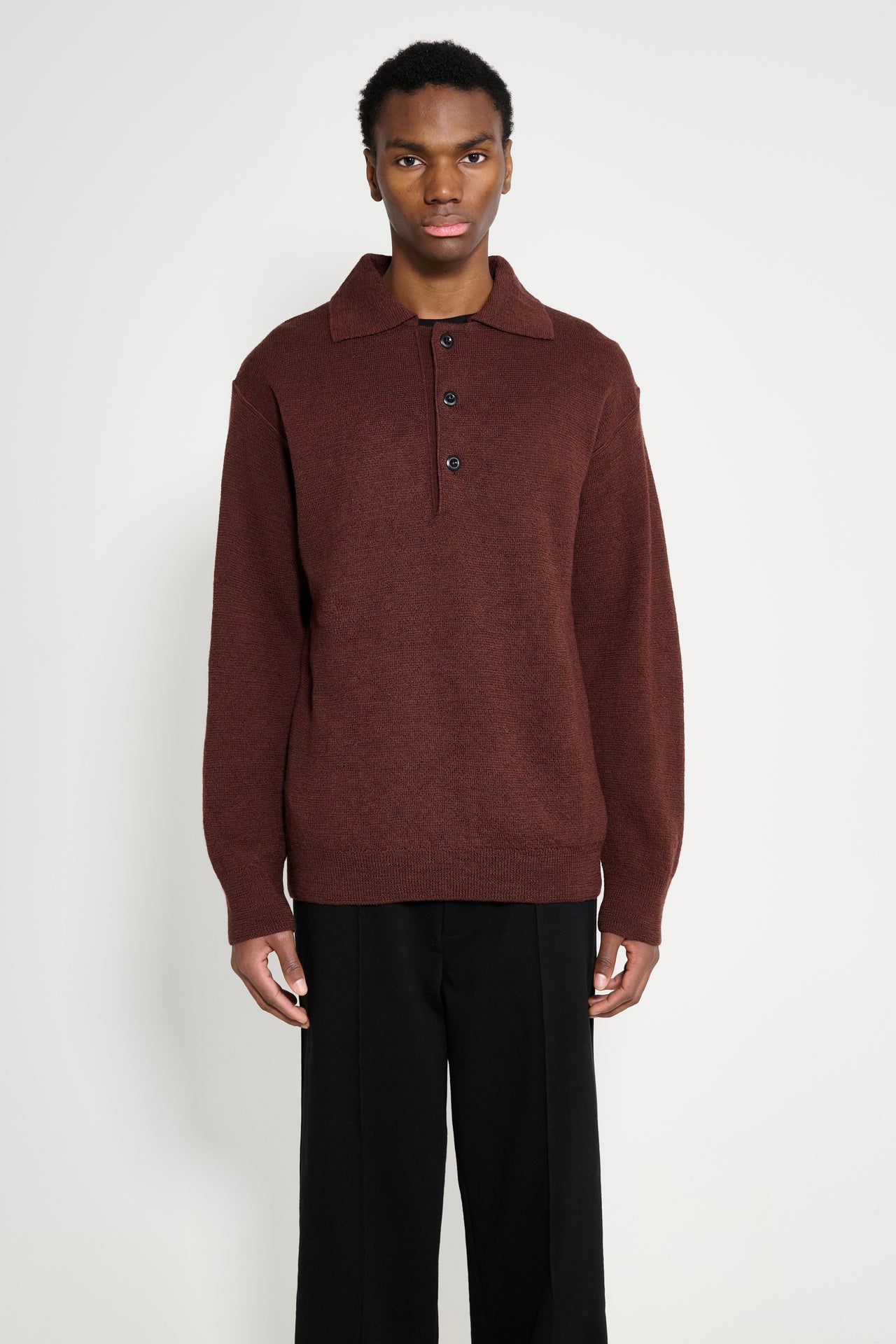 Margaret Howell MHL Oversized Knitted Polo Dry Wool Dark Brown
