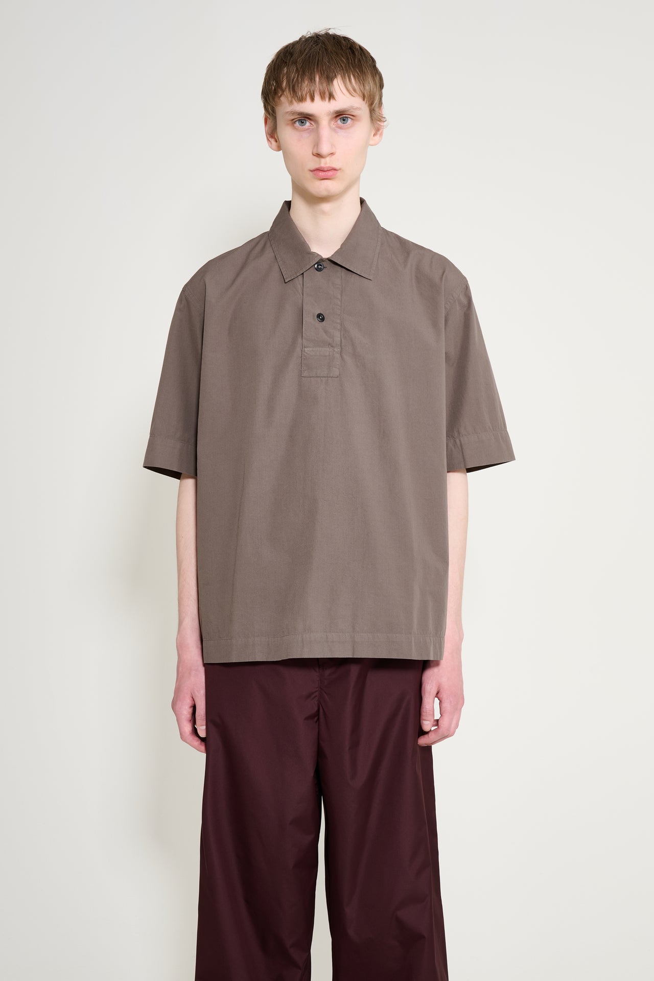Margaret Howell MHL Offset Placket Polo Washed Cotton Poplin Mole