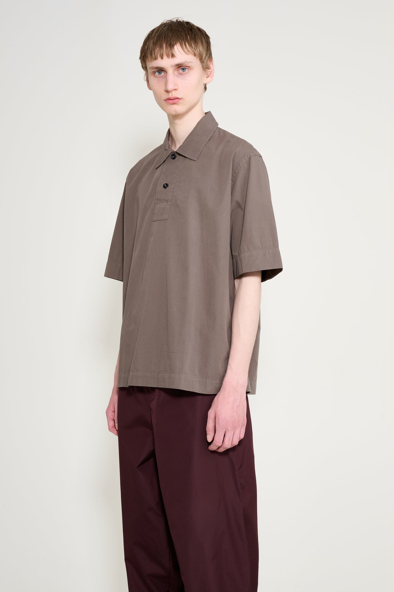 Margaret Howell MHL Offset Placket Polo Washed Cotton Poplin Mole