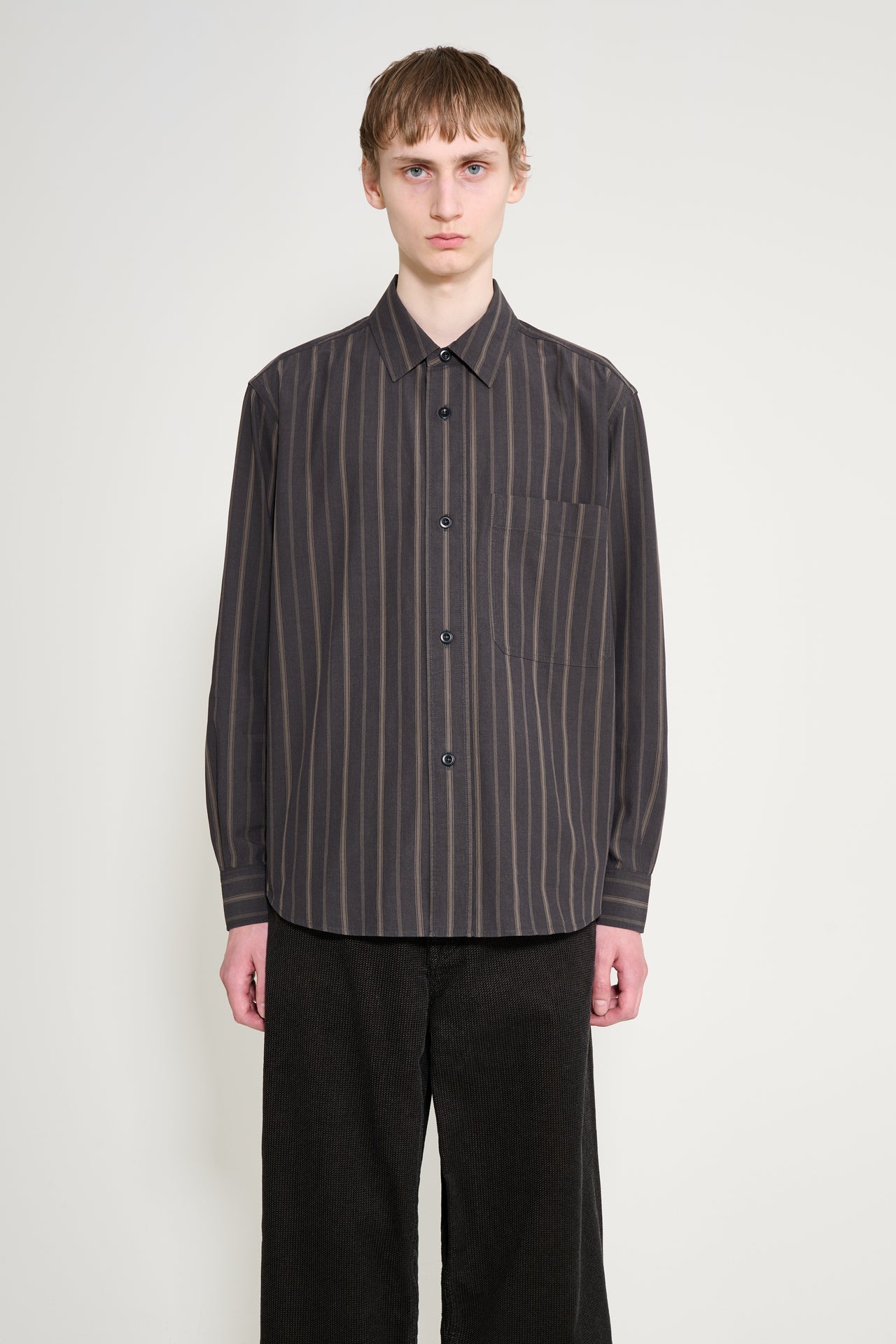 Margaret Howell MHL Basic Shirt Bold Stripe Cotton Off Black / Khaki