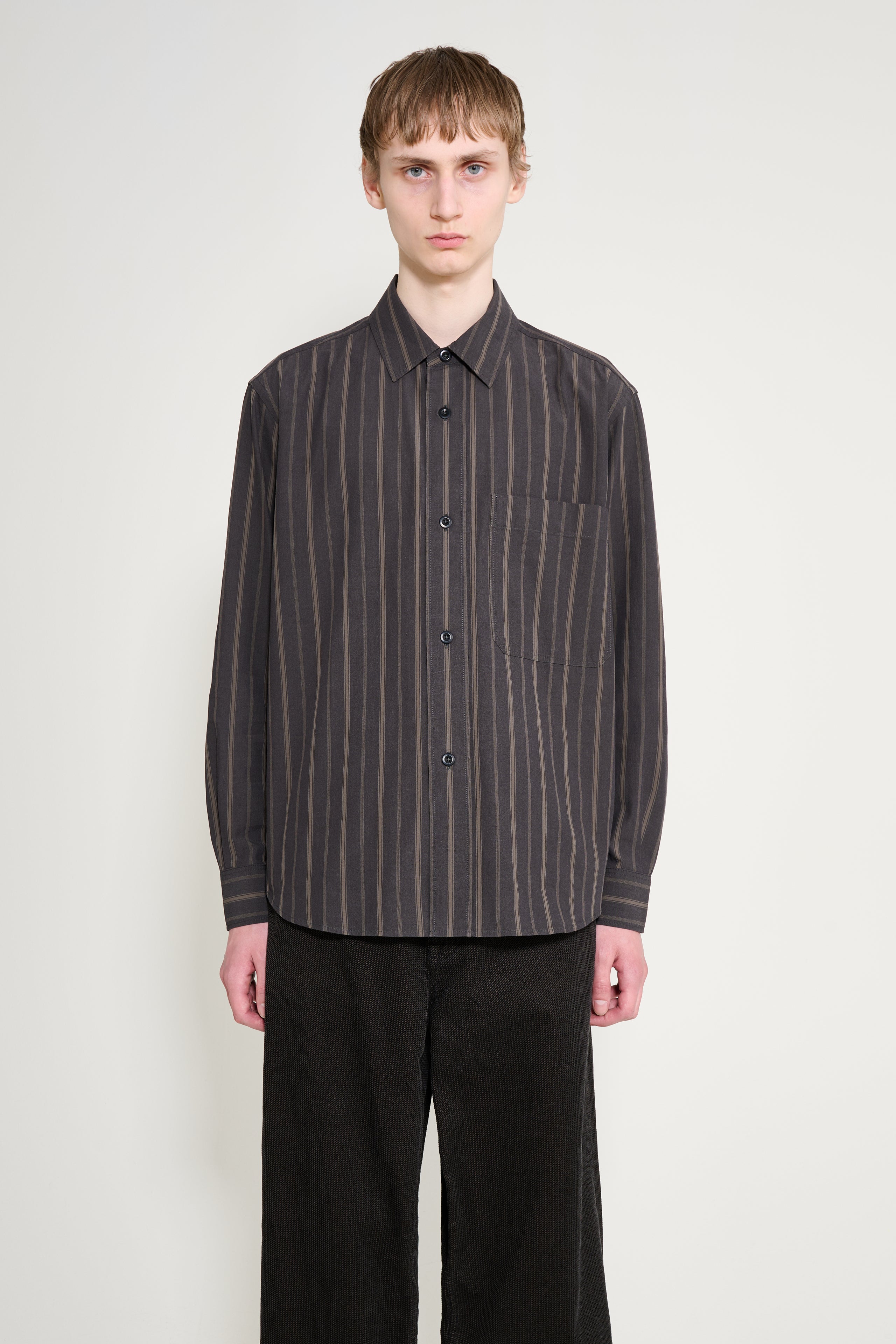 Margaret Howell MHL Basic Shirt Bold Stripe Cotton Off Black / Khaki