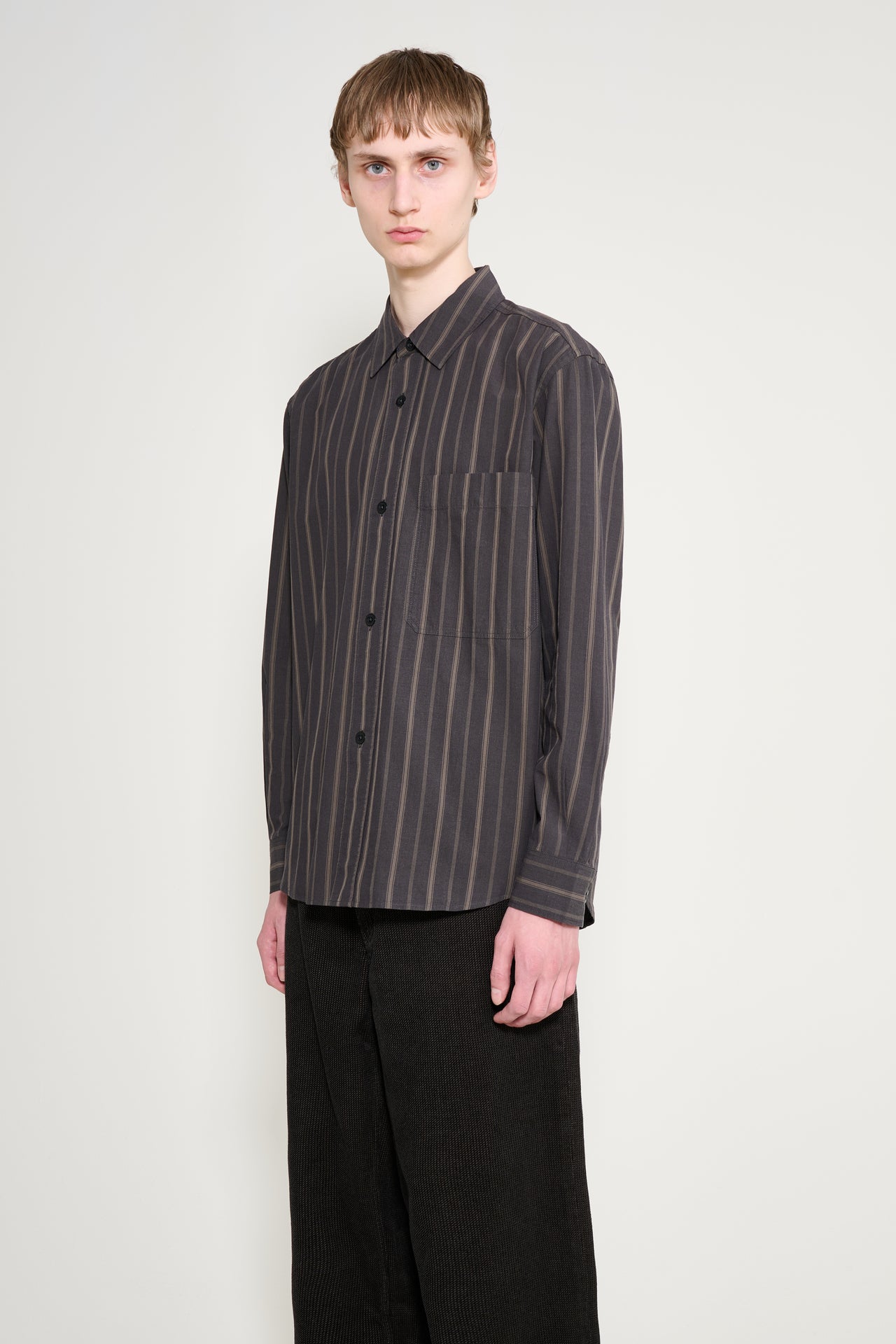 Margaret Howell MHL Basic Shirt Bold Stripe Cotton Off Black / Khaki