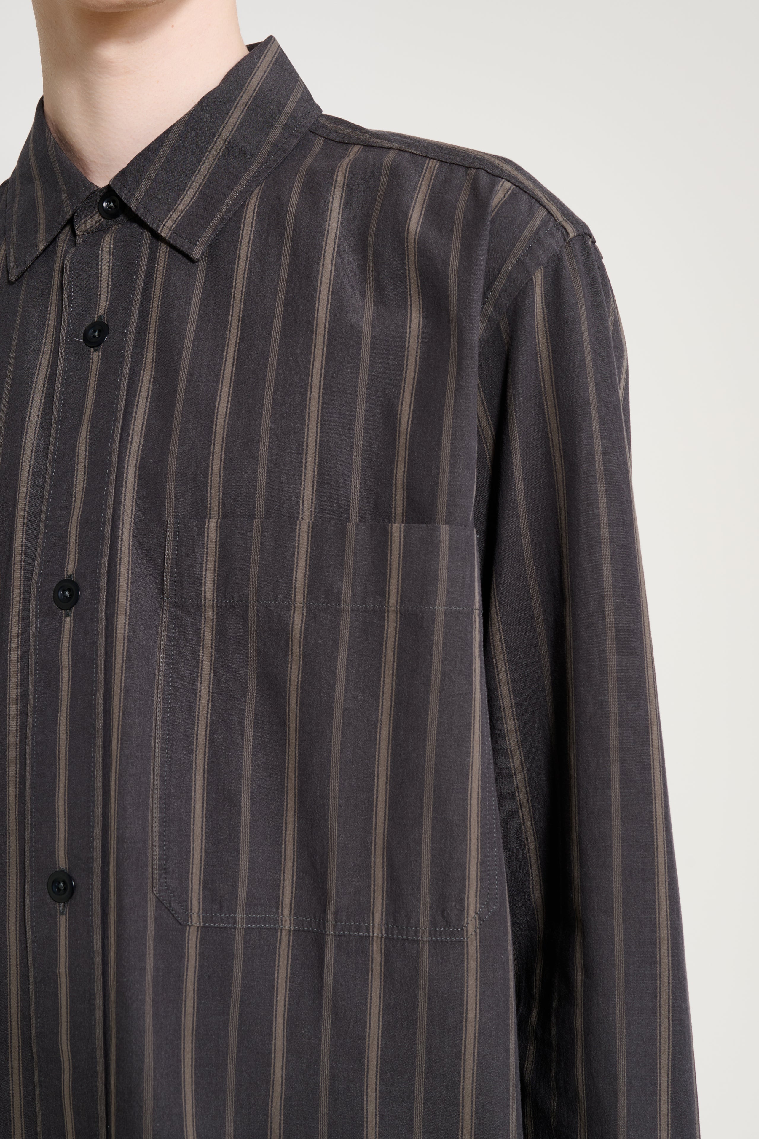 Margaret Howell MHL Basic Shirt Bold Stripe Cotton Off Black / Khaki
