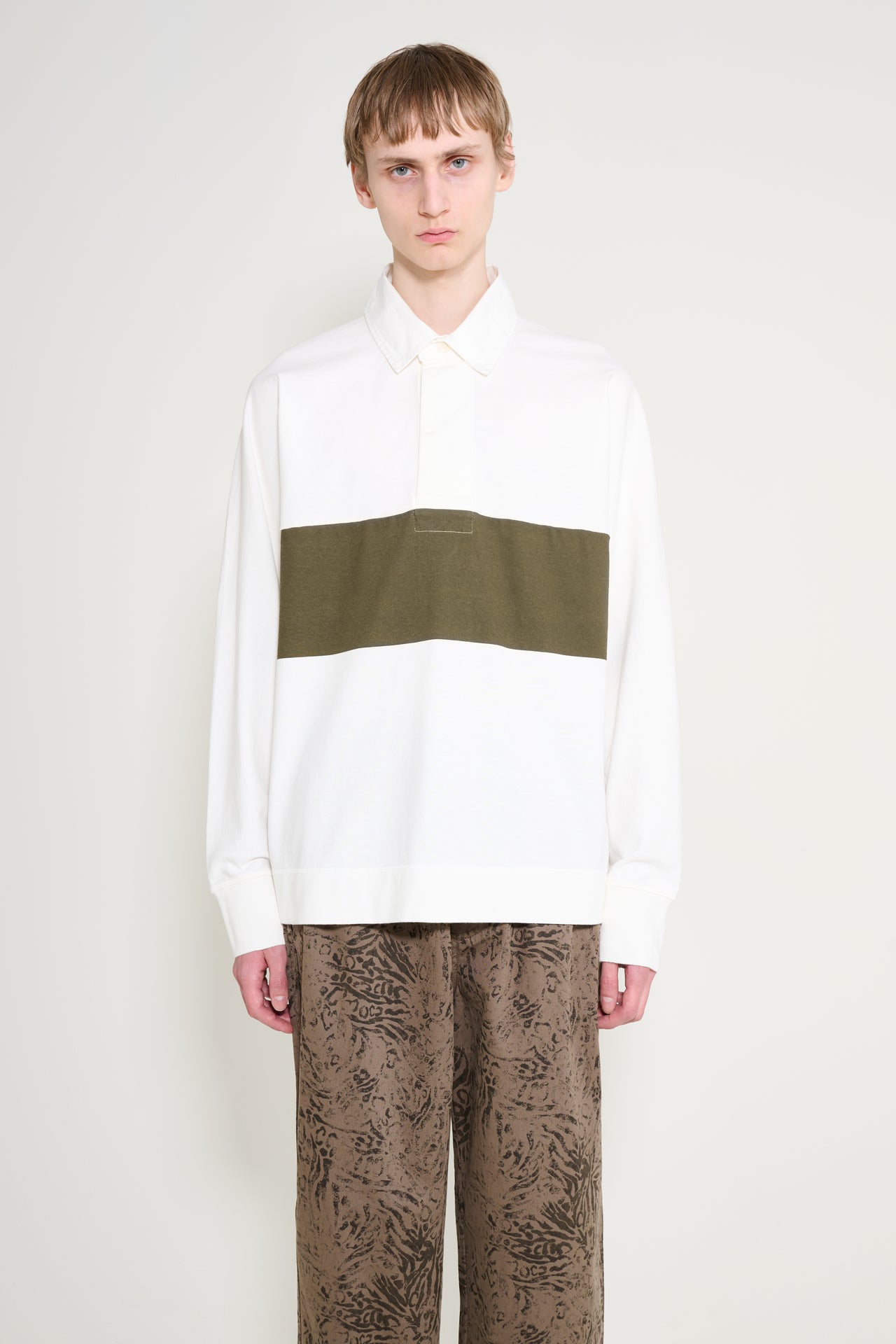 Margaret Howell MHL Rugby Shirt Matt Jersey Off White / Khaki Green