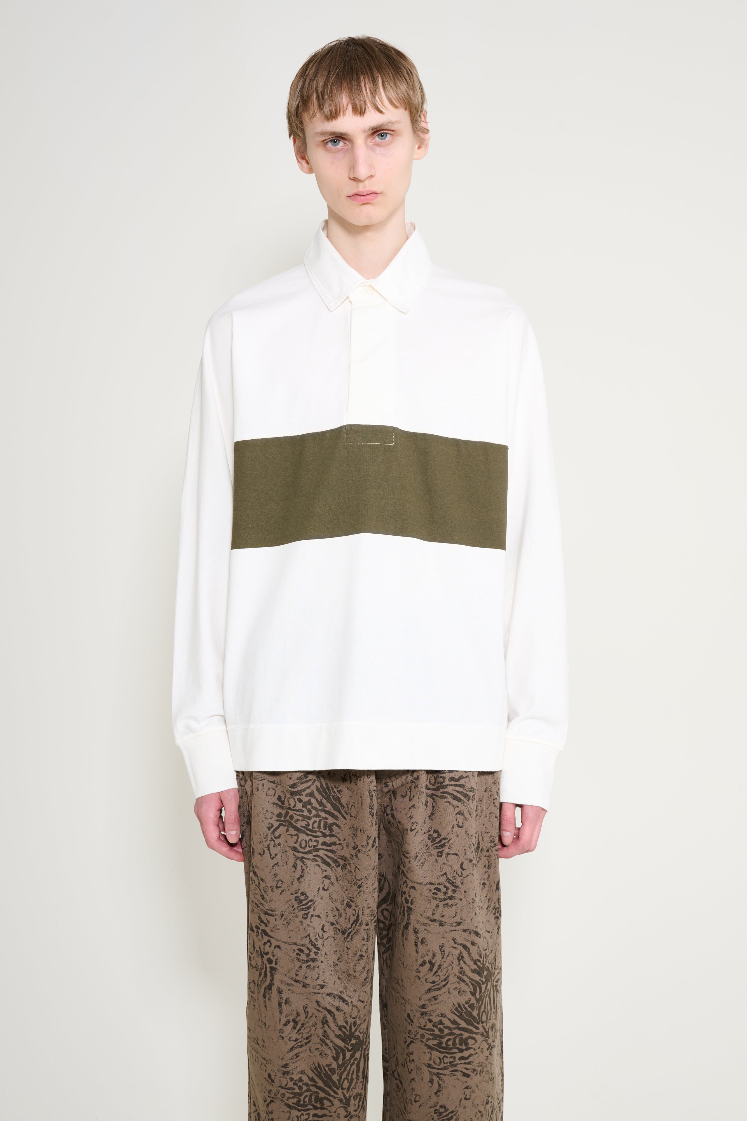 Margaret Howell MHL Rugby Shirt Matt Jersey Off White / Khaki Green