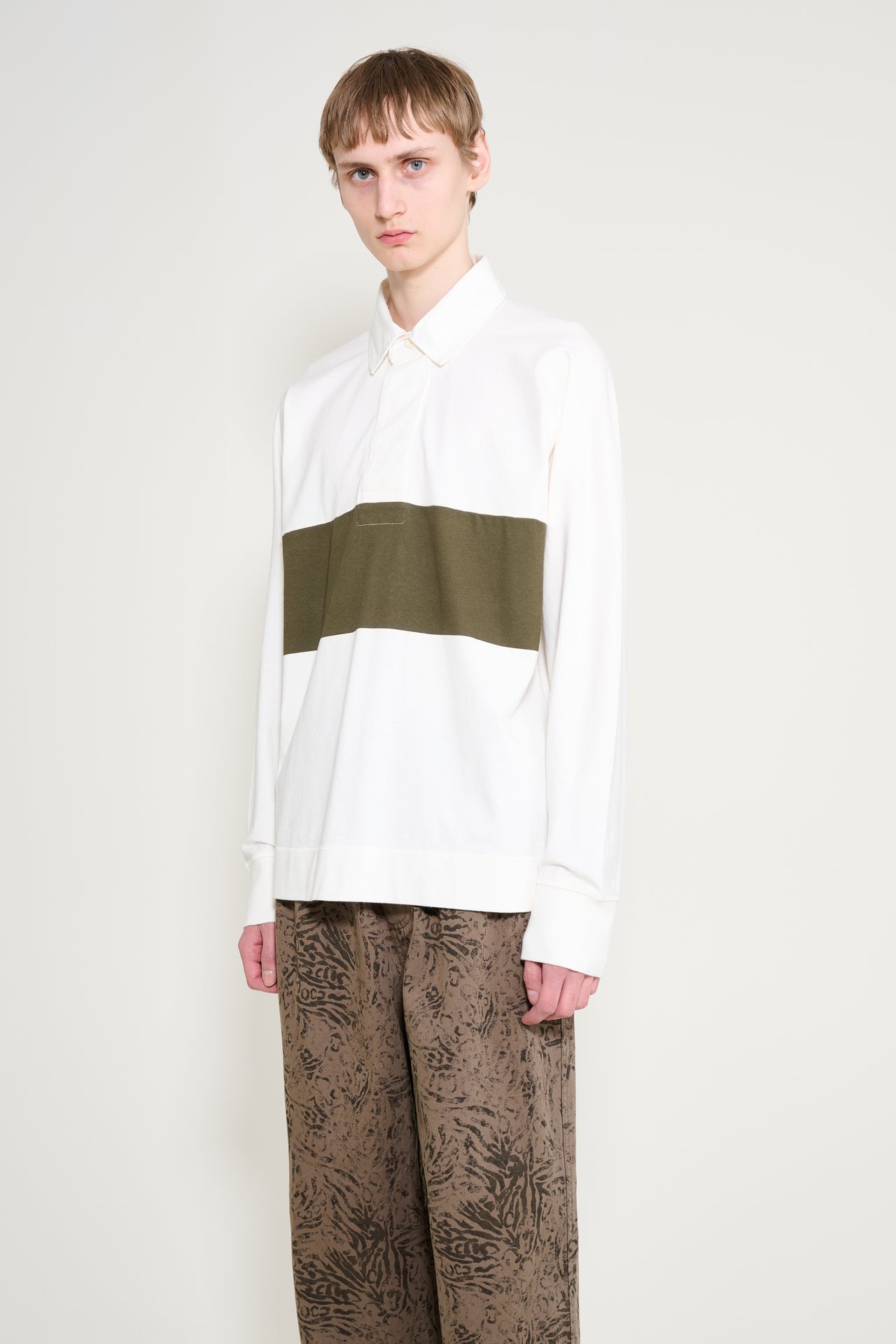 Margaret Howell MHL Rugby Shirt Matt Jersey Off White / Khaki Green