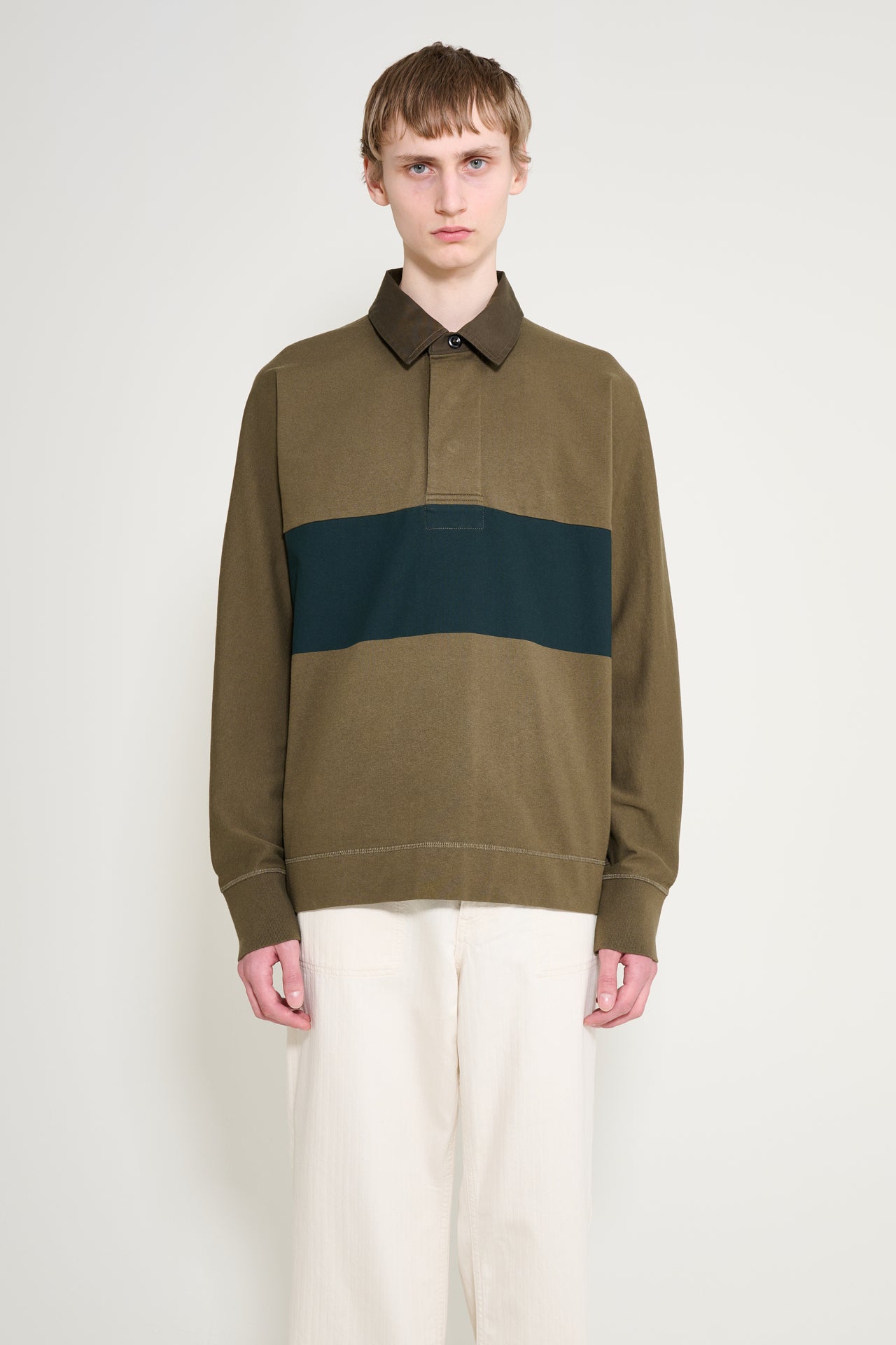 Margaret Howell MHL Rugby Shirt Matt Jersey Khaki Green / Black Green