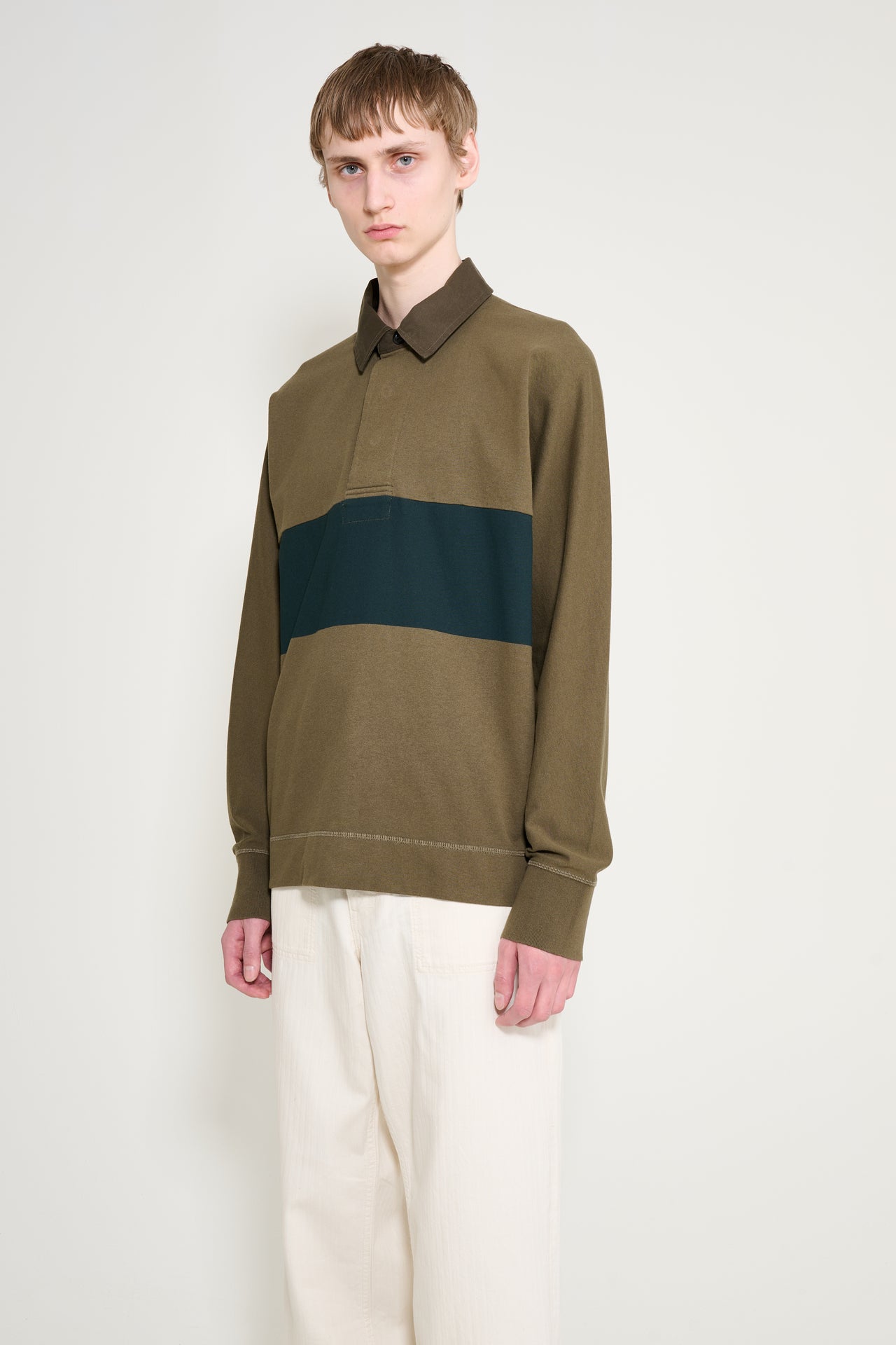 Margaret Howell MHL Rugby Shirt Matt Jersey Khaki Green / Black Green