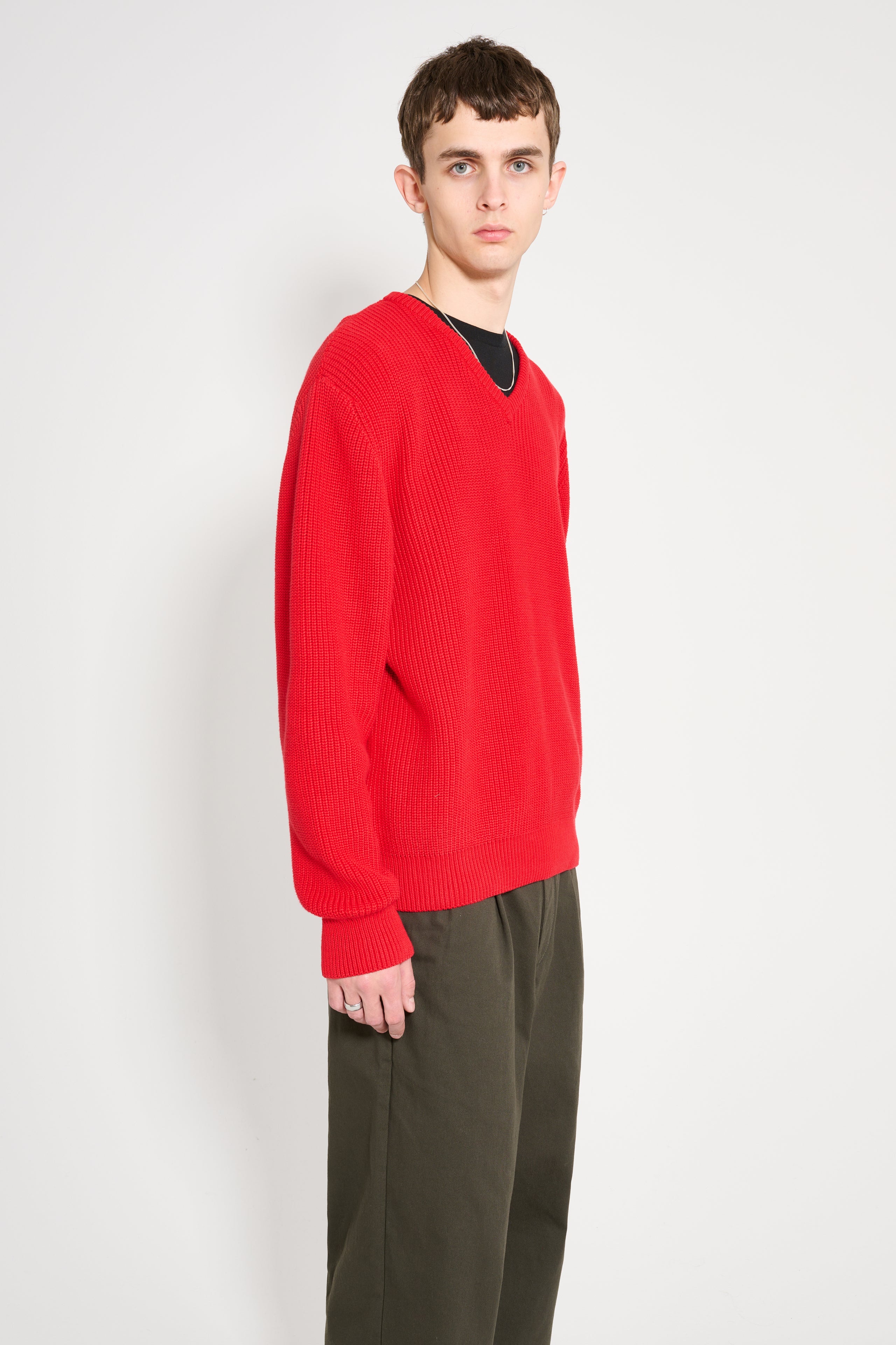 Noah V-Neck Shaker Stitch Sweater Red