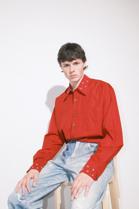 Person wearing Our Legacy Above Shirt Lipstick Red Super Poplin