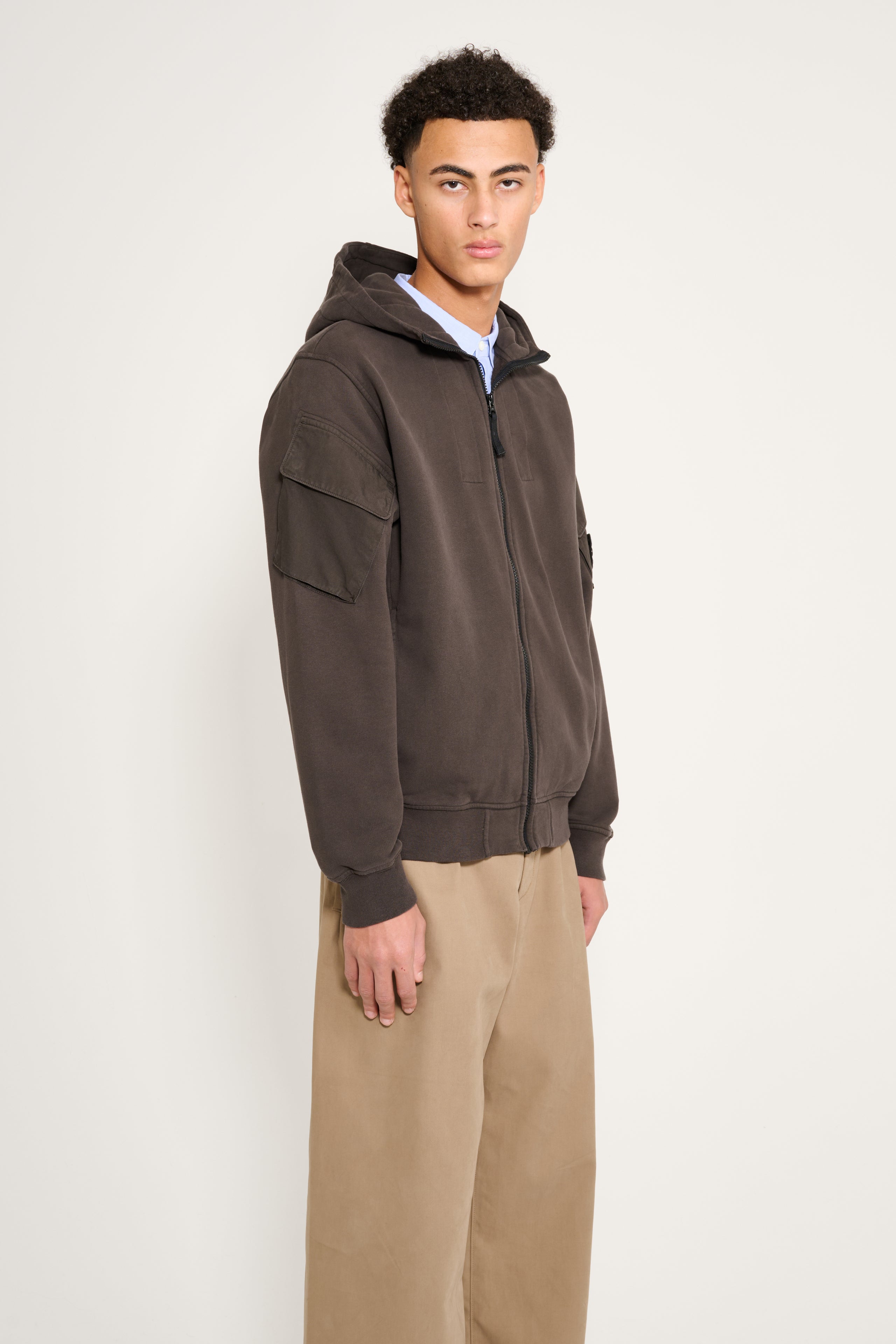 Stone Island Brushed Fleece Zip-Up Hooded Sweatshirt Grey